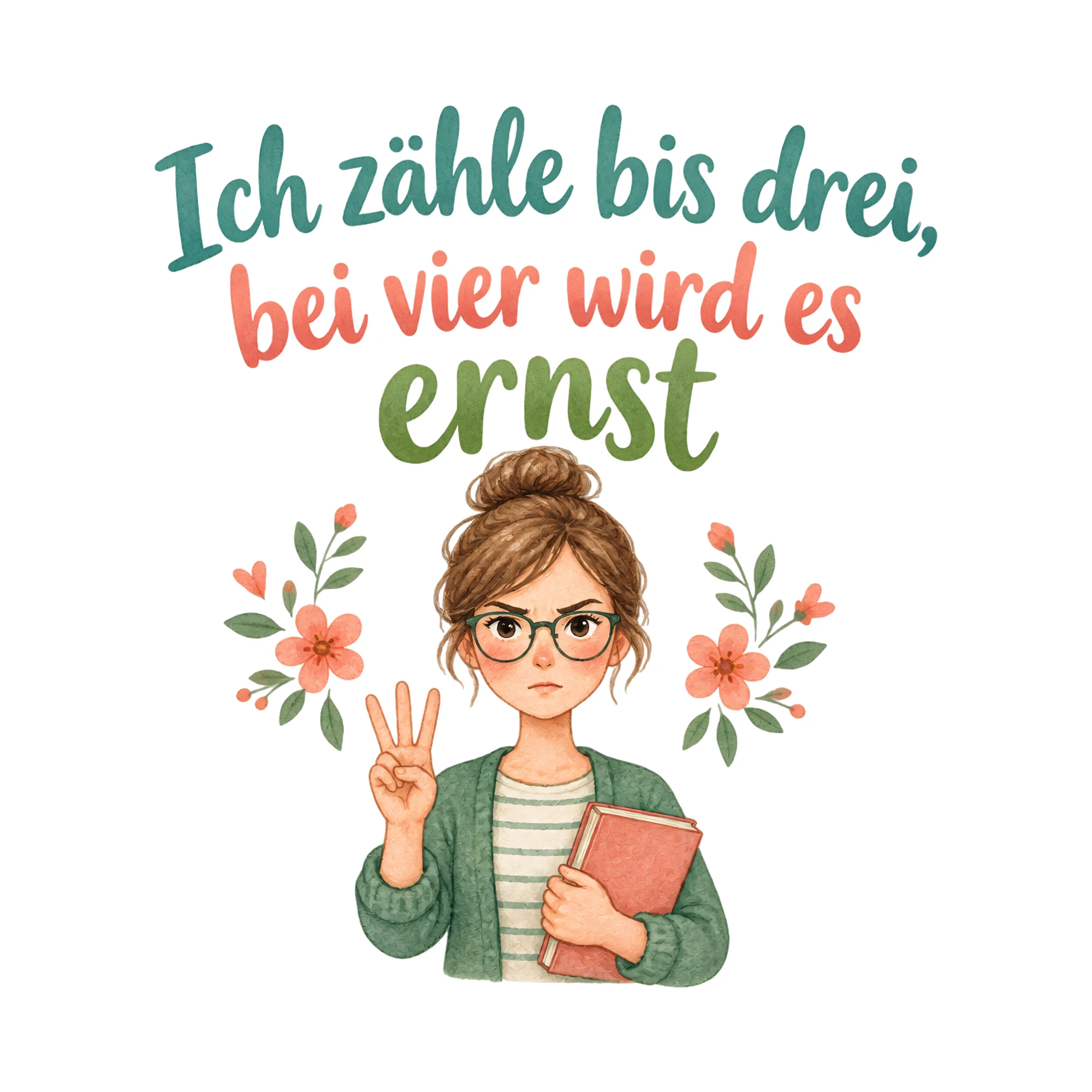 Bügelbild Ich zähle bis drei, bei vier wird es ernst als Grafik auf weißem Hintergrund (BB020338)
