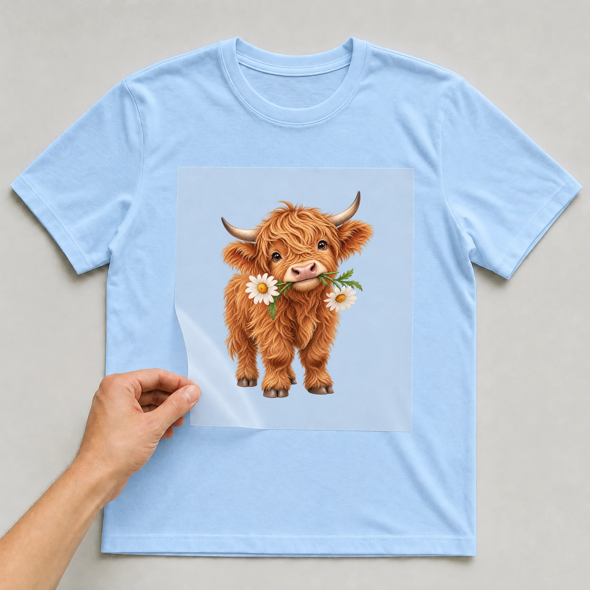 Bügelbild „Kuh mit Gänseblümchen“ auf babyblauem T-Shirt, Folie wird aufgelegt