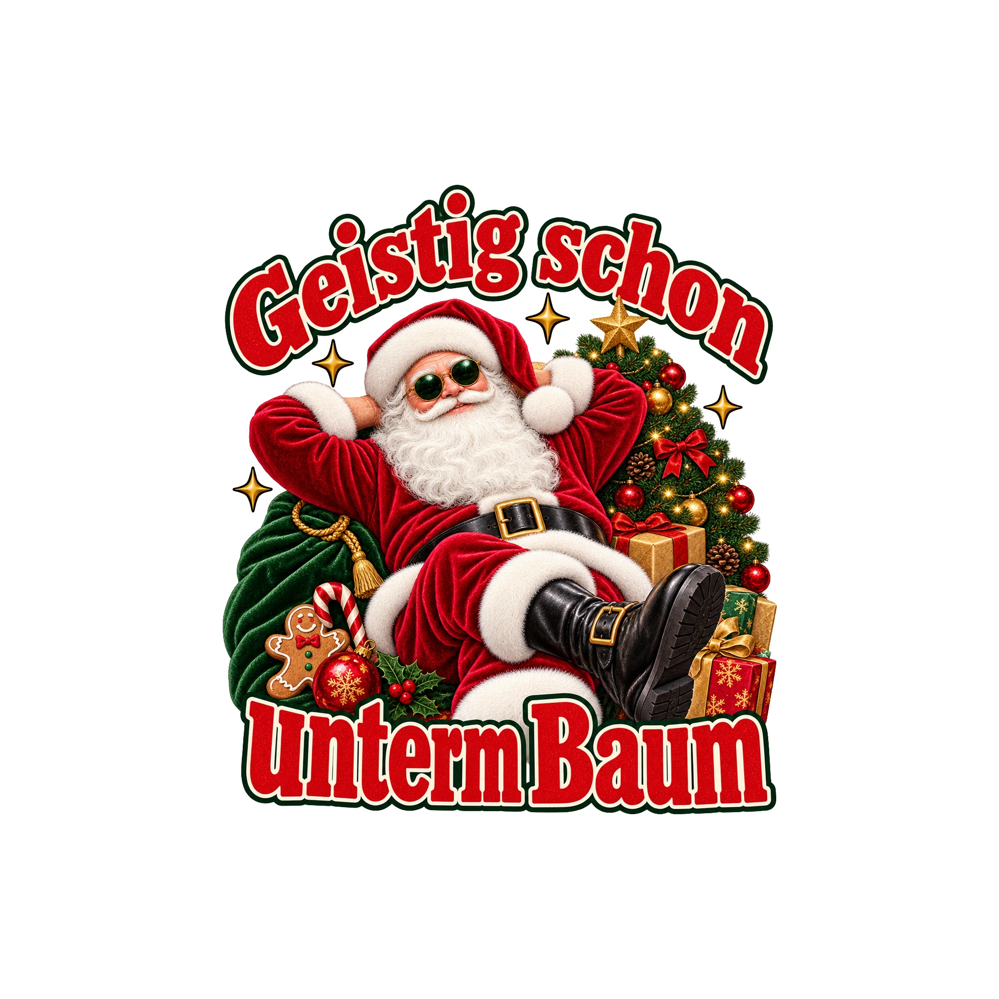 Bügelbild Geistig schon unterm Baum (Freche Weihnachtsklassiker) als Grafik auf weißem Hintergrund (BB011374)