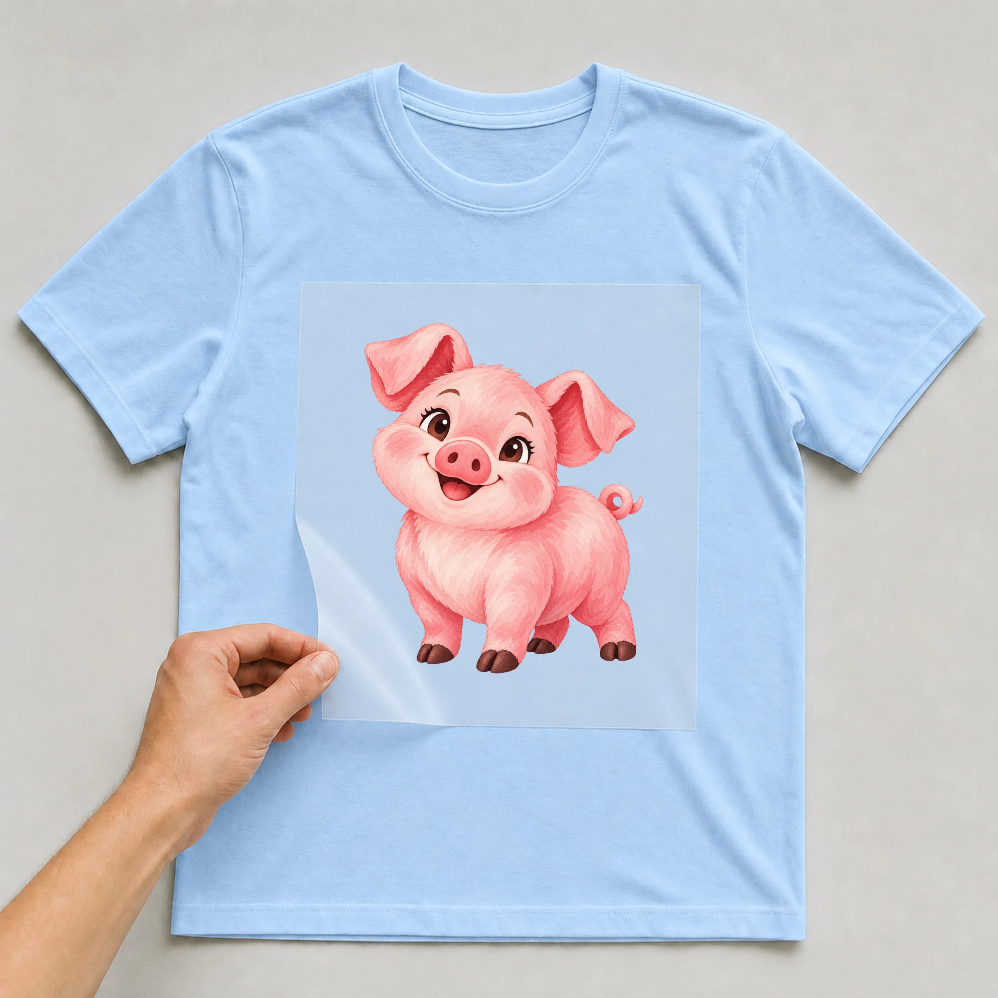 Bügelbild „Chinesisches Zeichen Jahr Des Schweins“ auf babyblauem T-Shirt, Folie wird aufgelegt