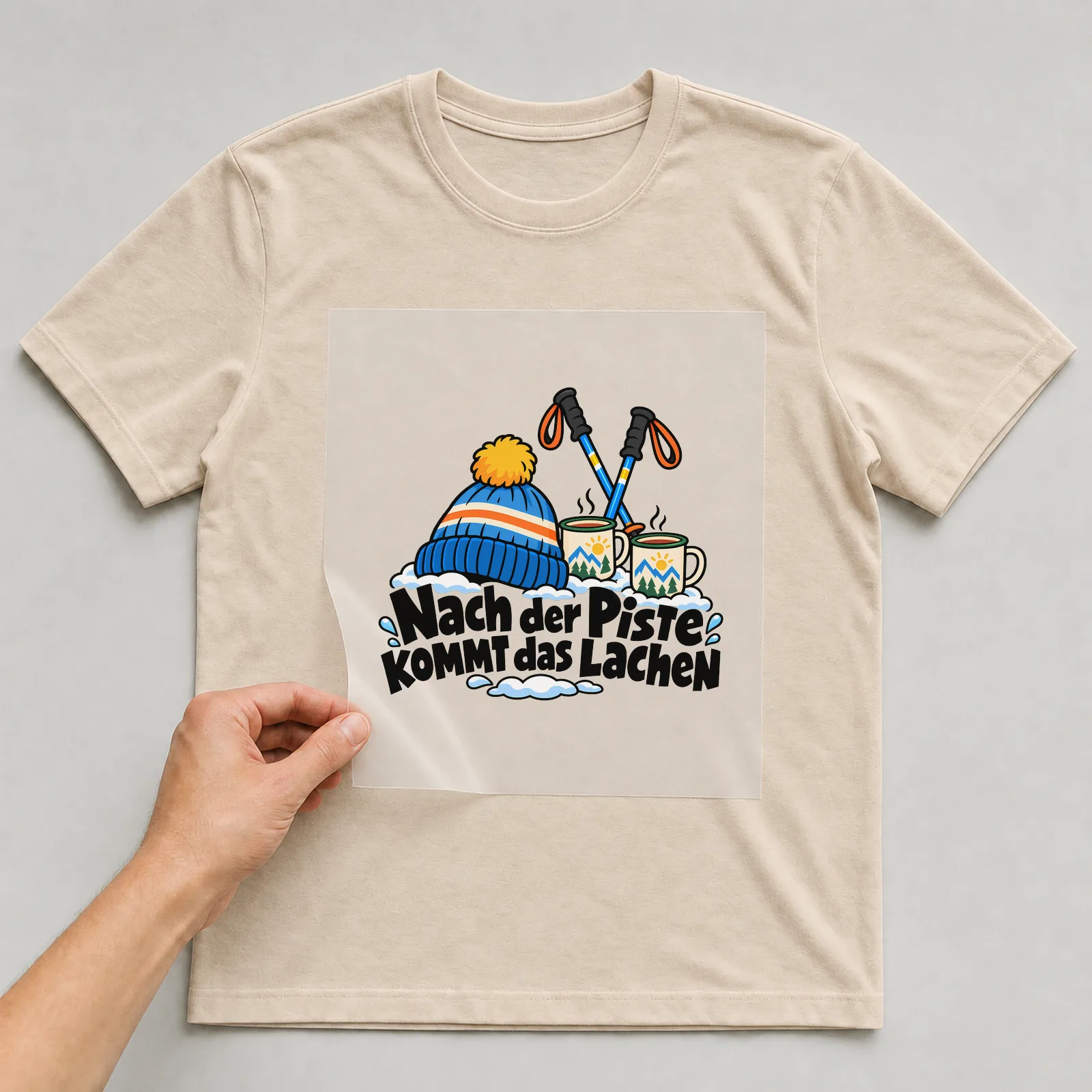 Bügelbild „Nach der Piste kommt das Lachen“ auf beigem T-Shirt, Folie wird aufgelegt
