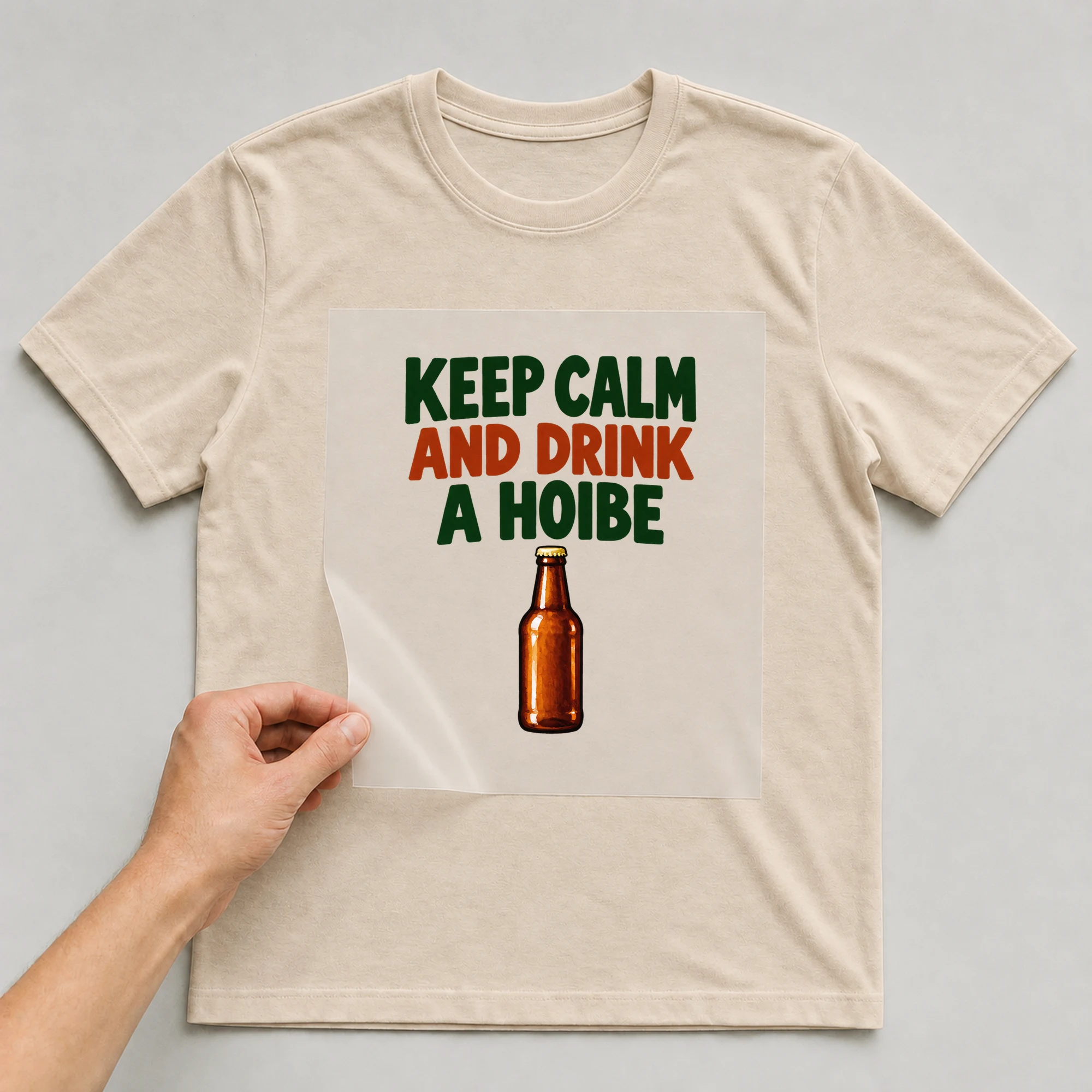 Bügelbild „Keep Calm And Drink A Hoibe“ auf beigem T-Shirt, Folie wird aufgelegt