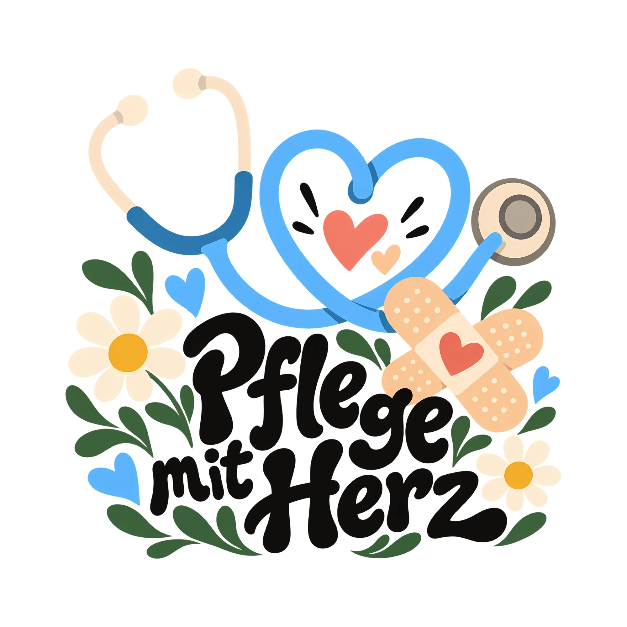Bügelbild Pflege mit Herz als Grafik auf weißem Hintergrund (BB011615)