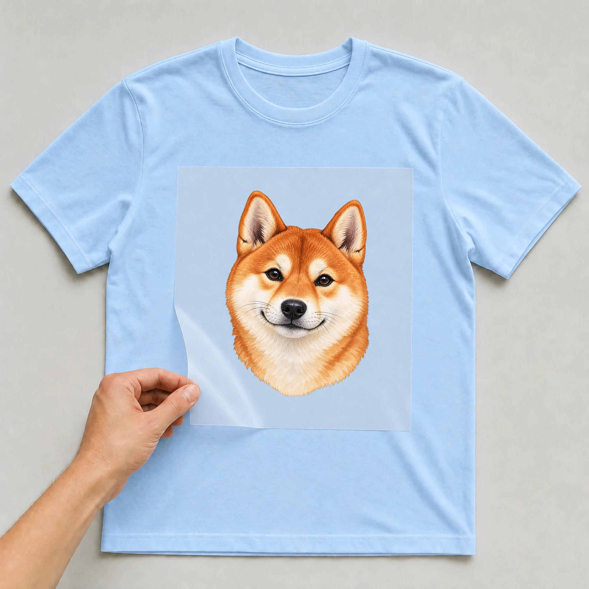 Bügelbild „Shiba Inu“ auf babyblauem T-Shirt, Folie wird aufgelegt