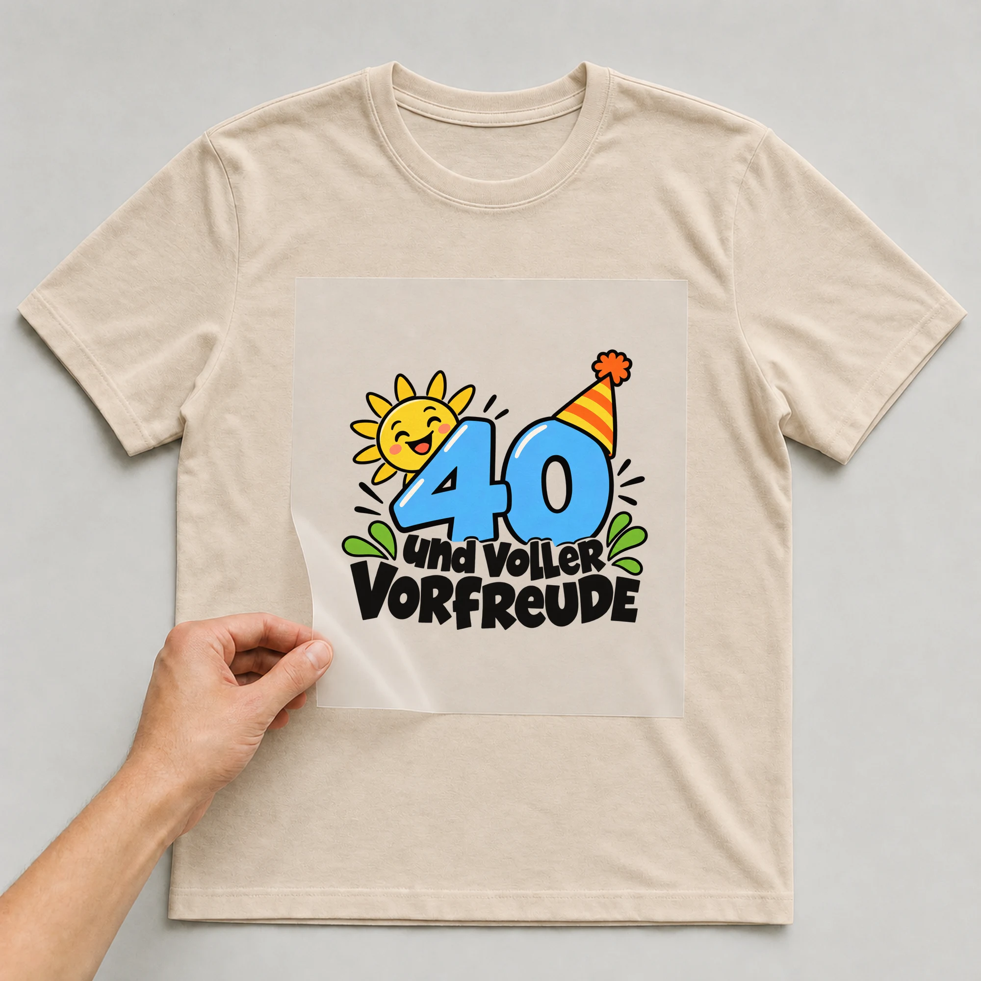 Bügelbild „40 und voller VORFREUDE“ auf beigem T-Shirt, Folie wird aufgelegt
