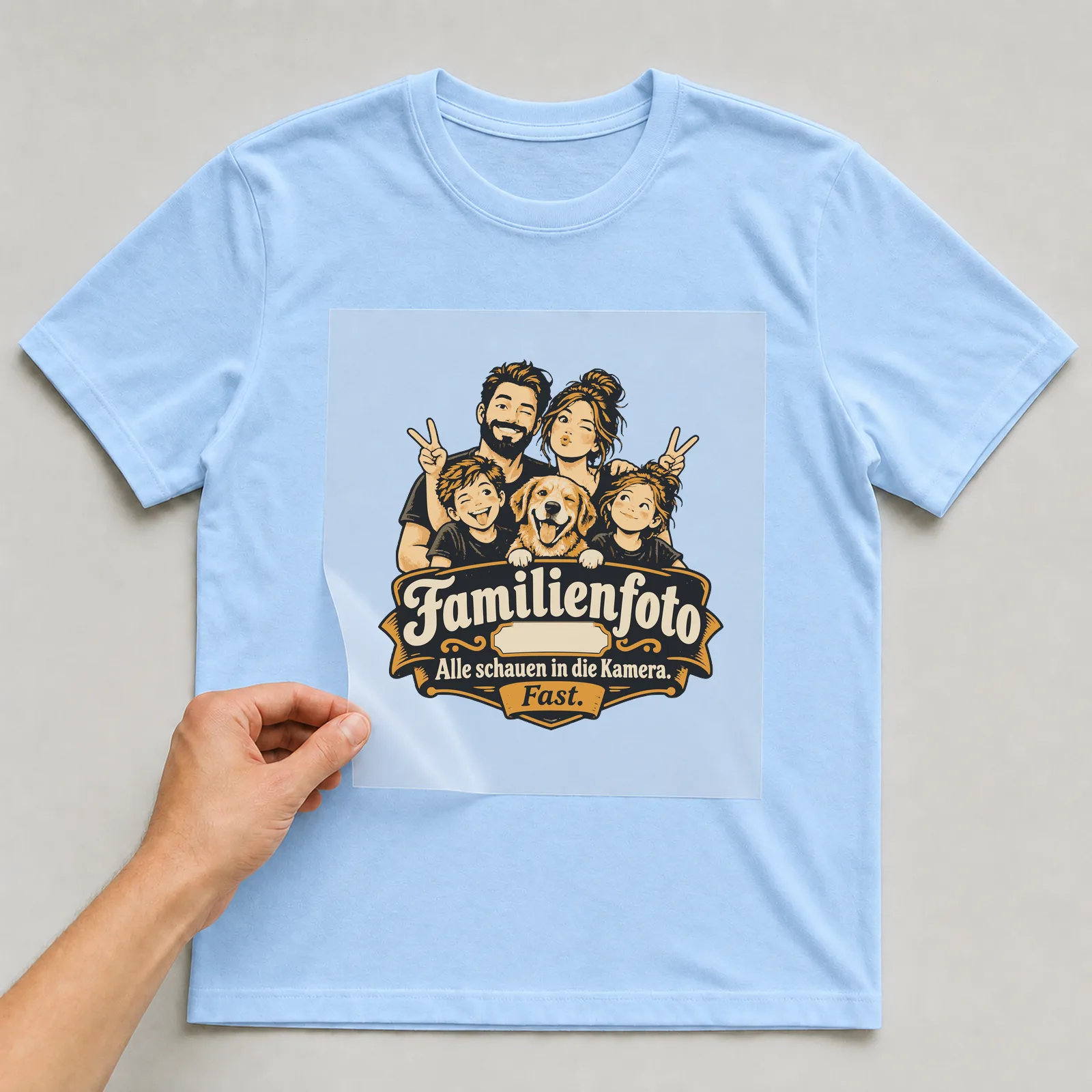 Bügelbild Familienfoto: Alle schauen in die Kamera. Fast. mit Jahr auf hellblauem T-Shirt, Folie wird aufgelegt
