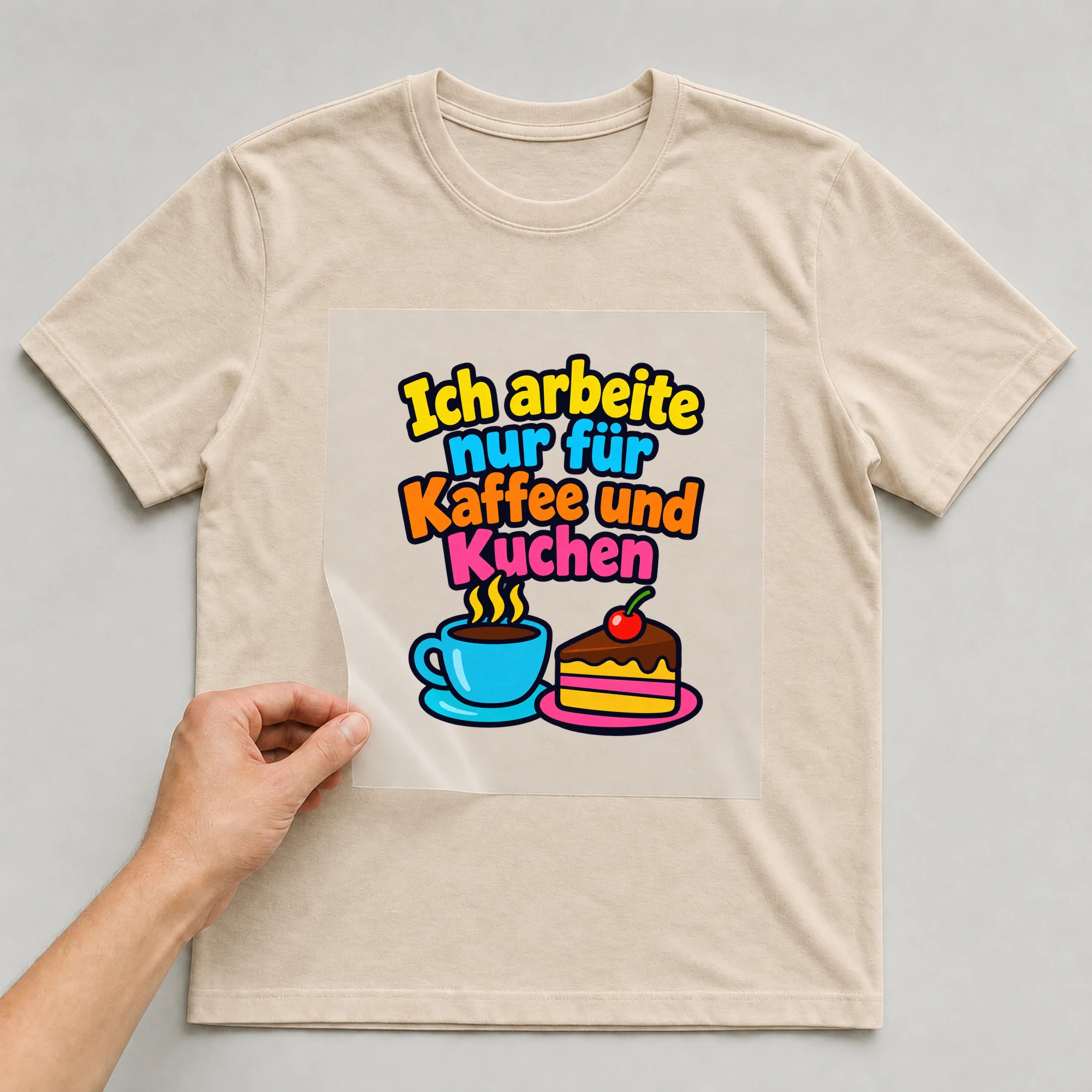 Bügelbild „Ich arbeite nur für Kaffee und Kuchen“ auf beigem T-Shirt, Folie wird aufgelegt