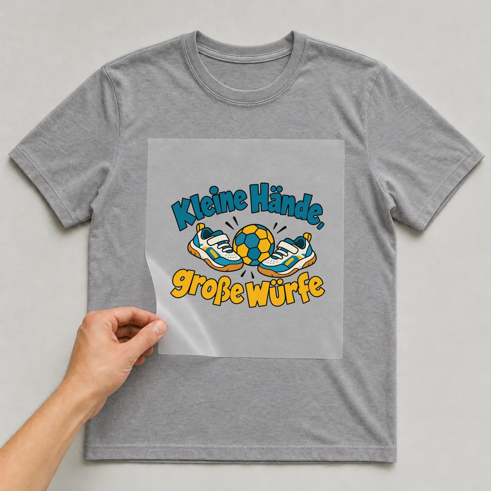 Bügelbild „Kleine Hände, große Würfe“ auf grauem T-Shirt, Folie wird aufgelegt