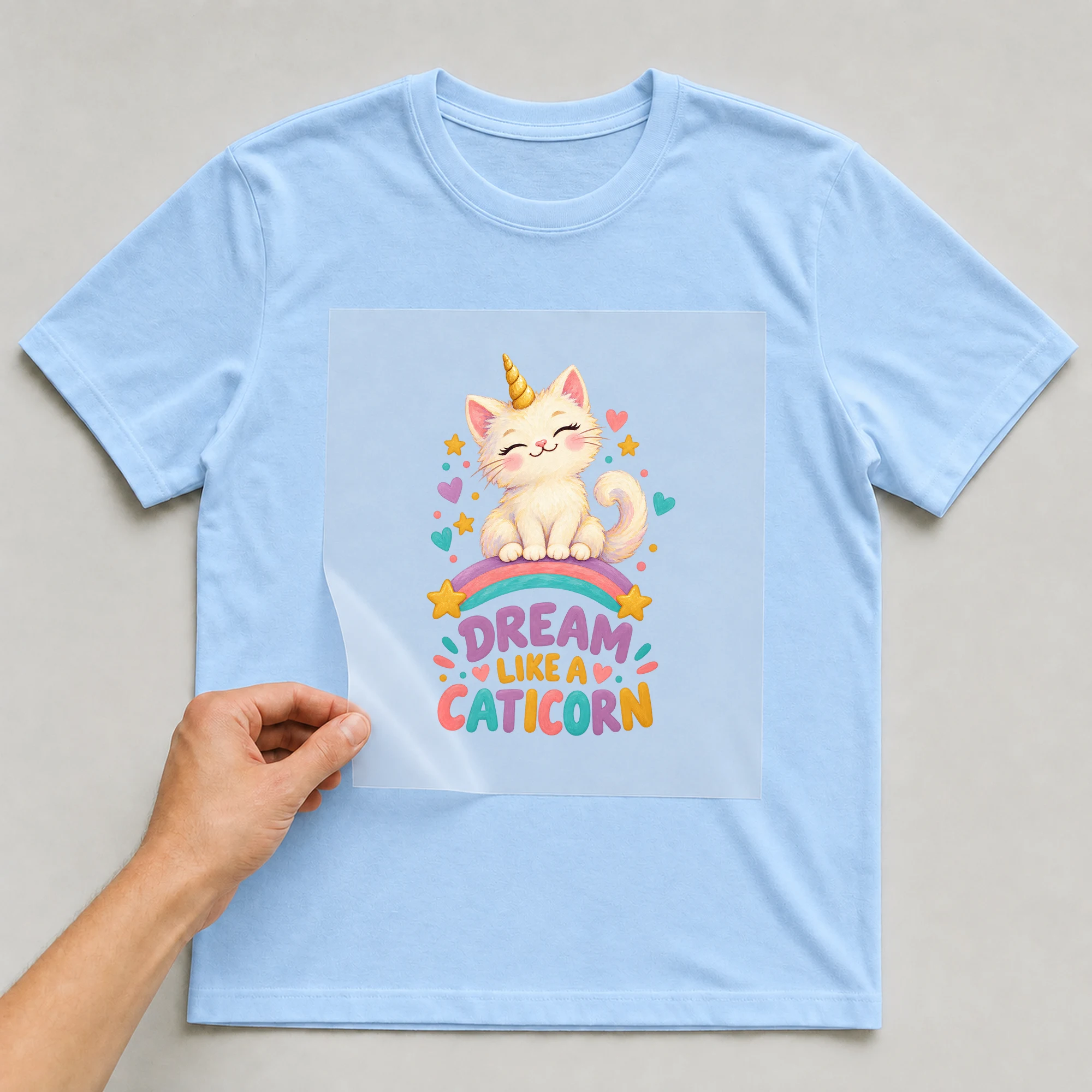 Bügelbild „Dream Like A Caticorn“ auf babyblauem T-Shirt, Folie wird aufgelegt