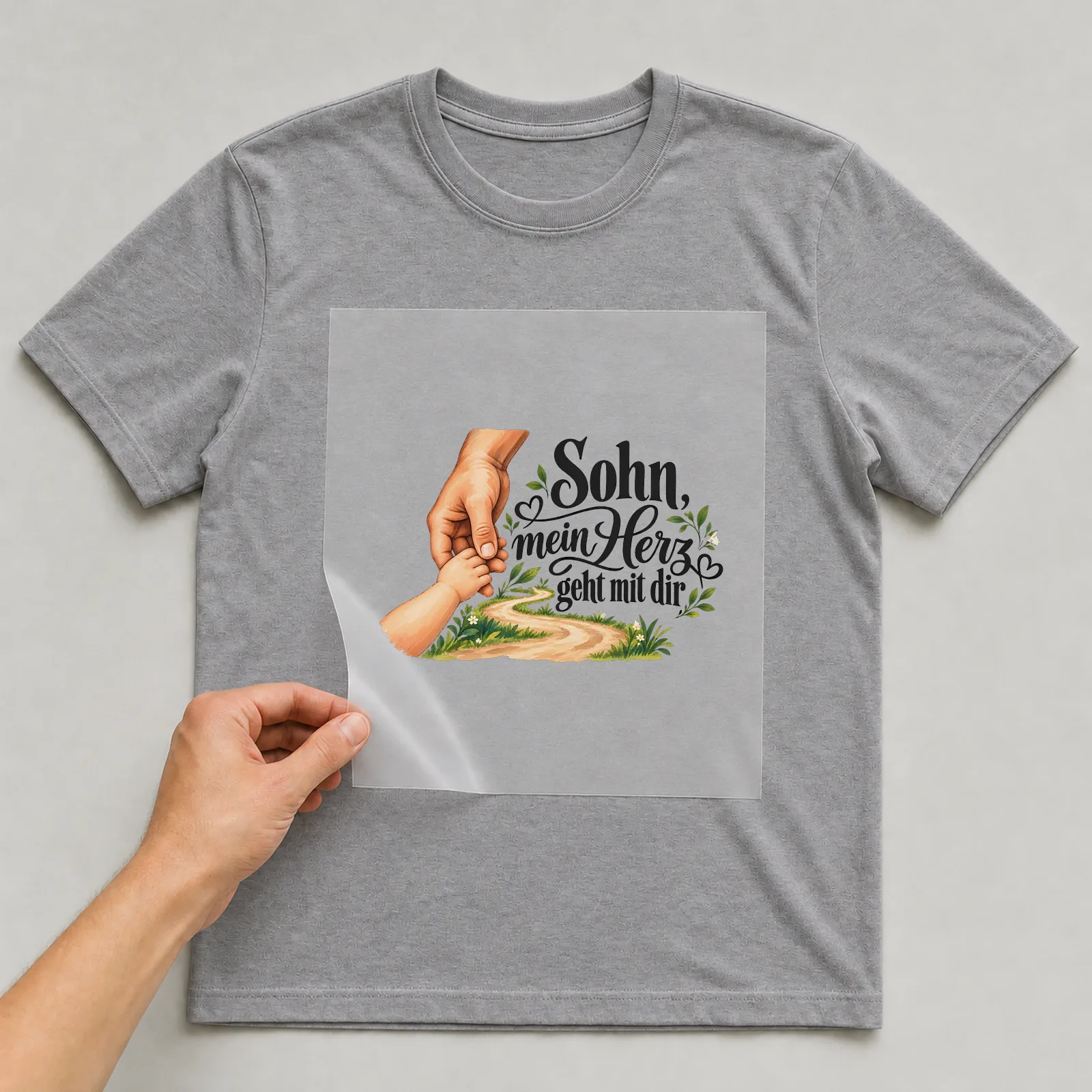 Bügelbild „Sohn, mein Herz geht mit dir“ auf grauem T-Shirt, Folie wird aufgelegt