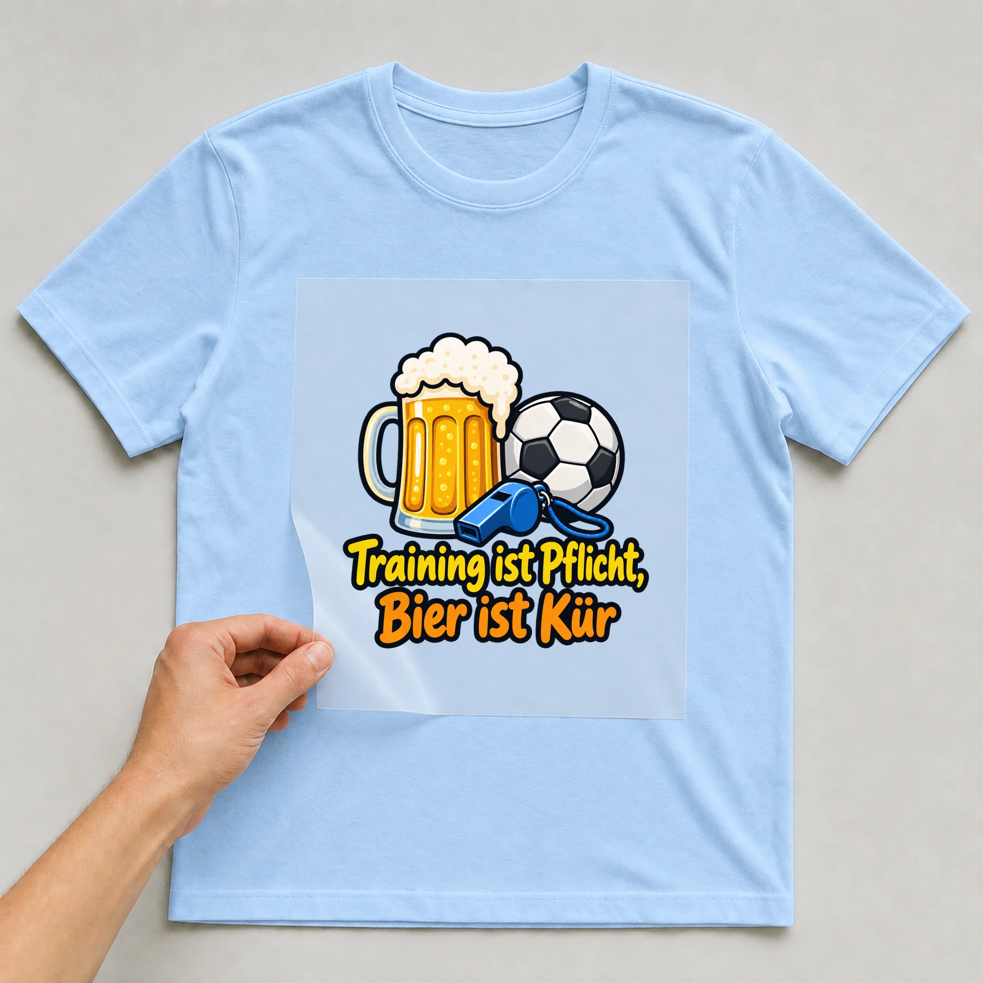 Bügelbild „Training ist Pflicht, Bier ist Kür“ auf babyblauem T-Shirt, Folie wird aufgelegt