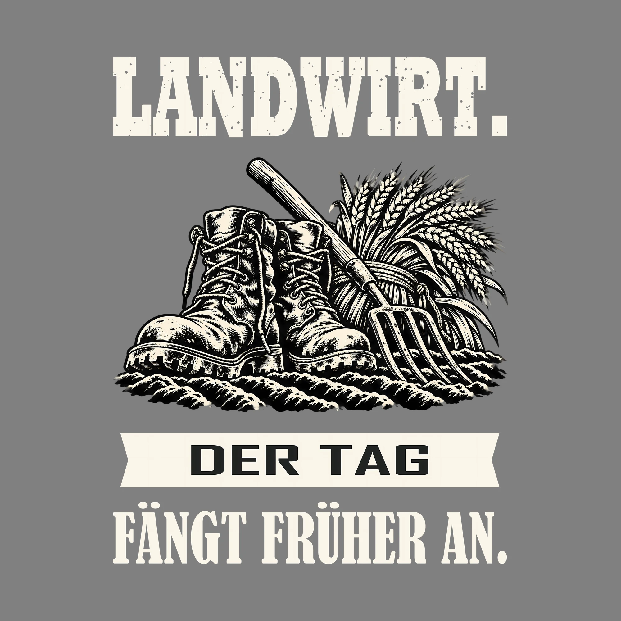 Bügelbild LANDWIRT. DER TAG FÄNGT FRÜHER AN. als Grafik auf dunklem Hintergrund (BB011482)