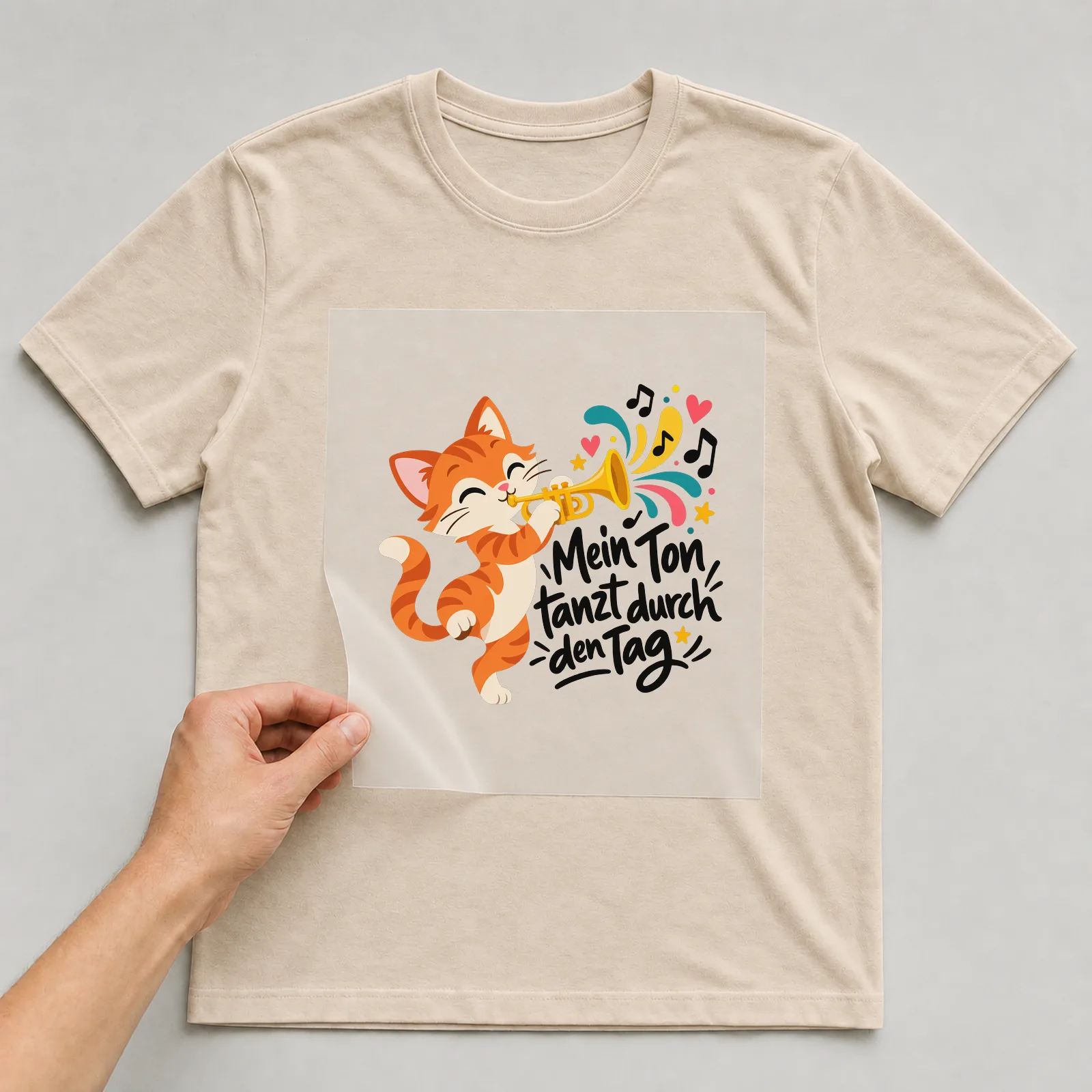 Bügelbild „Mein Ton tanzt durch den Tag“ auf beigem T-Shirt, Folie wird aufgelegt