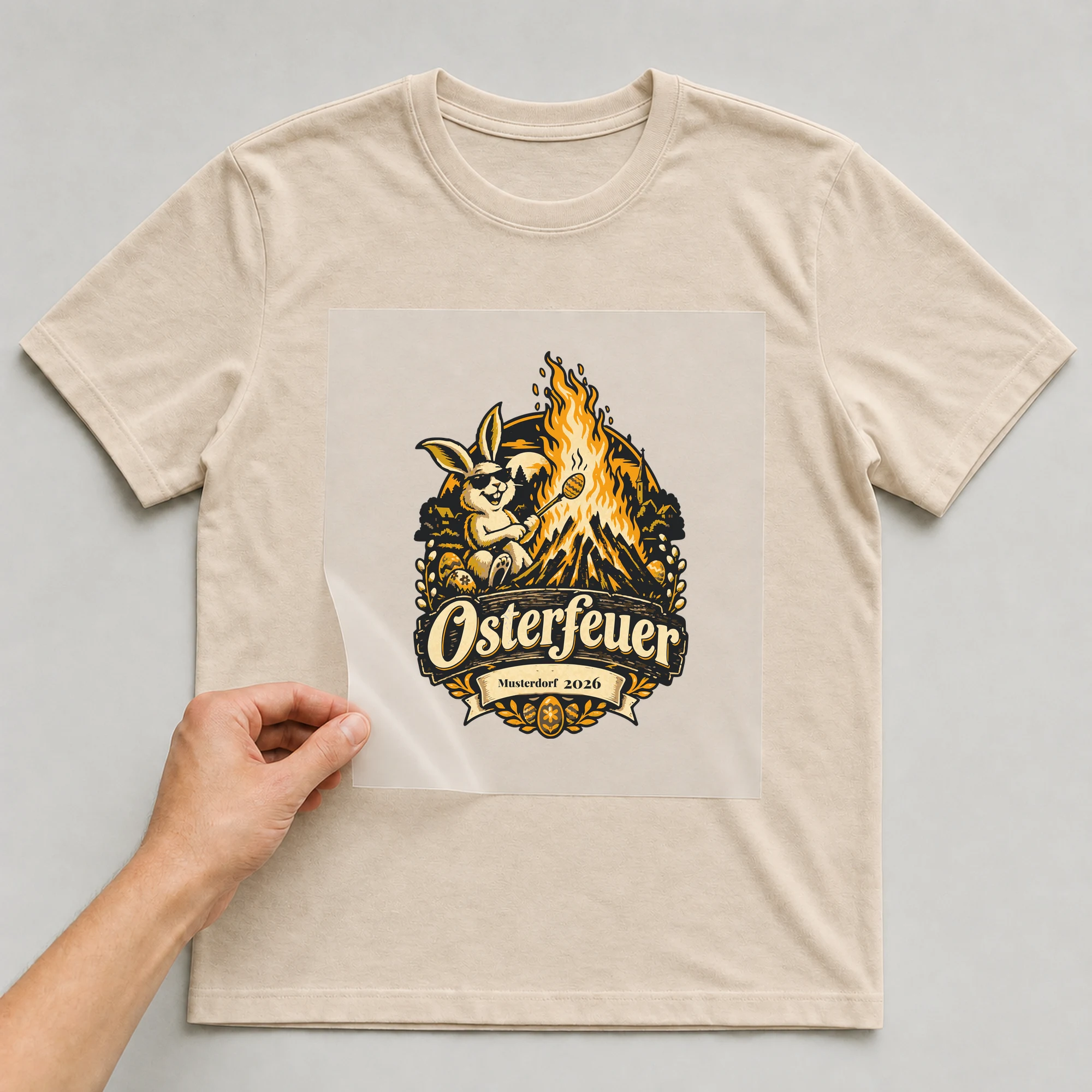 Bügelbild Osterfeuer mit Ort und Jahr auf beigem T-Shirt, Folie wird aufgelegt