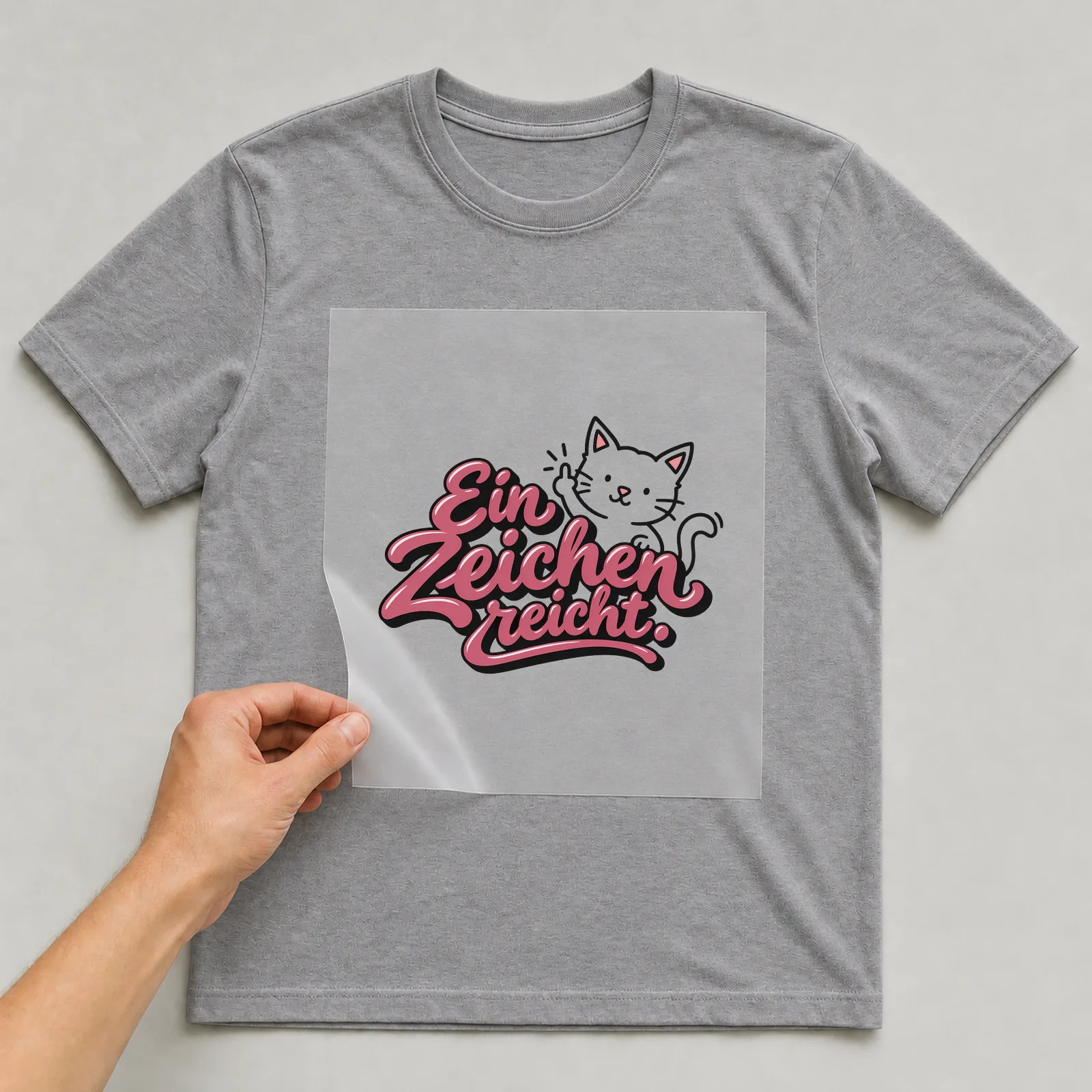 Bügelbild „Ein Zeichen reicht“ auf grauem T-Shirt, Folie wird aufgelegt