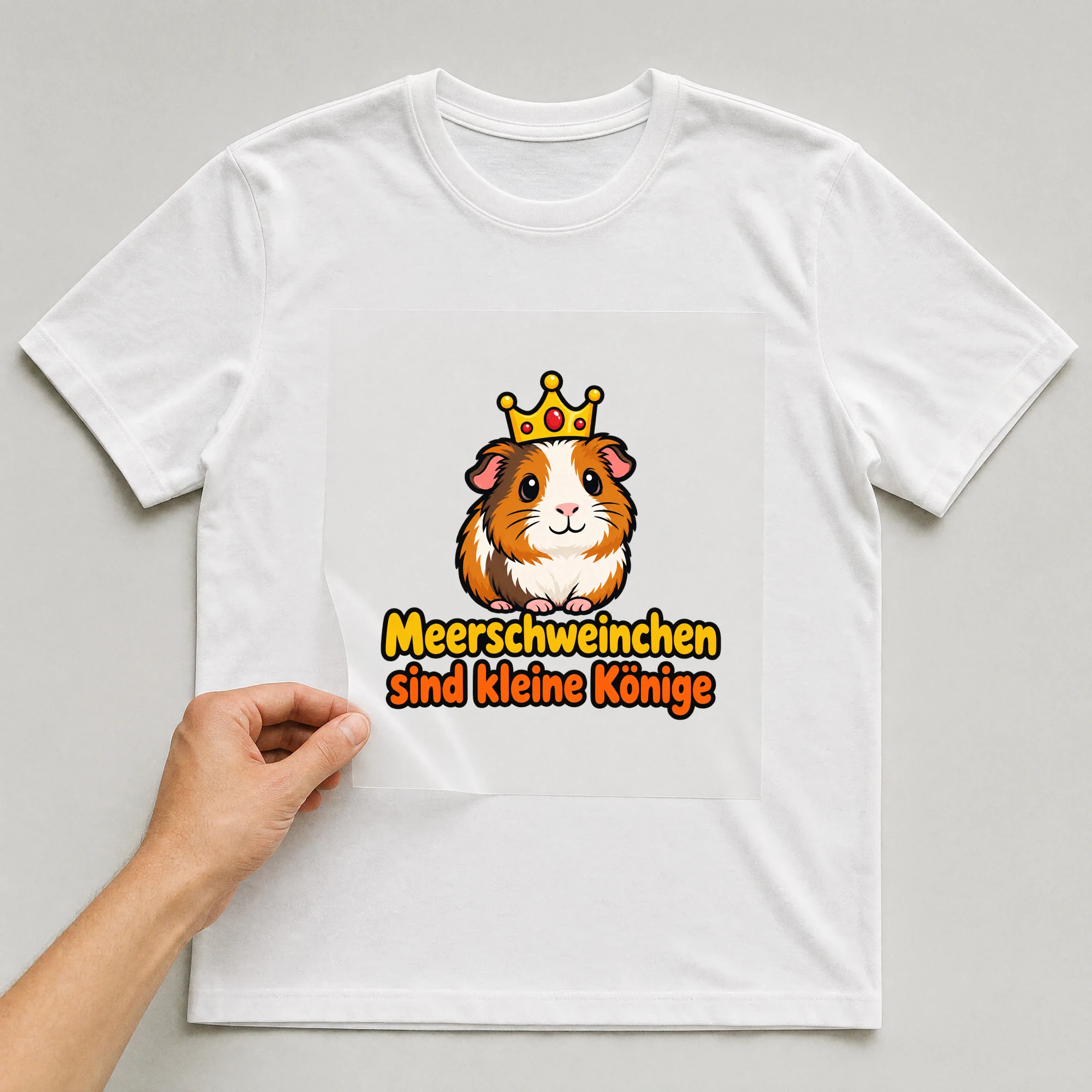 Bügelbild „Meerschweinchen sind kleine Könige“ auf weißem T-Shirt, Folie wird aufgelegt