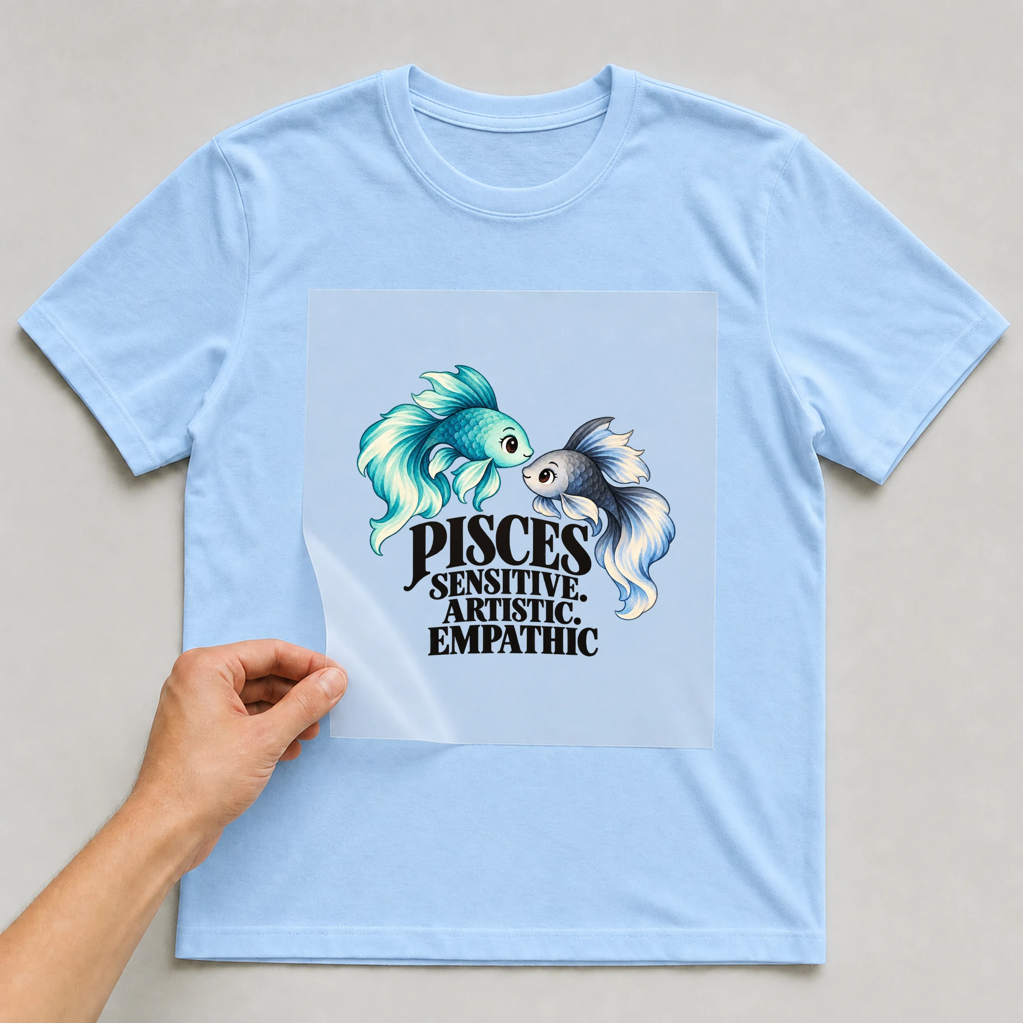 Bügelbild „Pisces Sensitive. Artistic. Empathic“ auf babyblauem T-Shirt, Folie wird aufgelegt