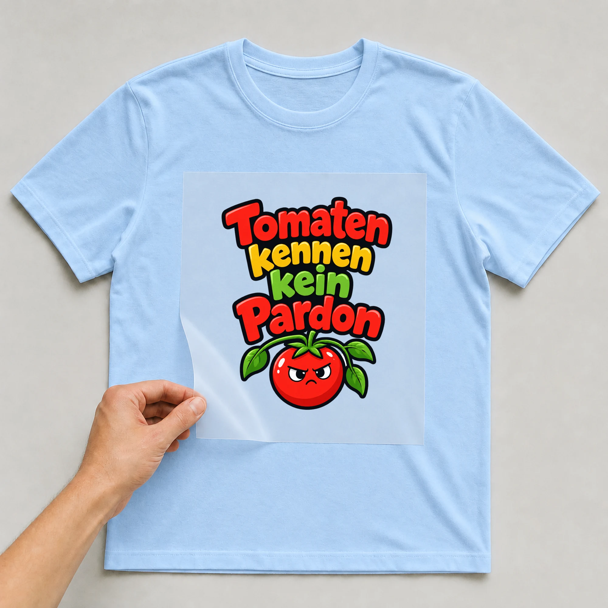 Bügelbild „Tomaten kennen kein pardon“ auf babyblauem T-Shirt, Folie wird aufgelegt