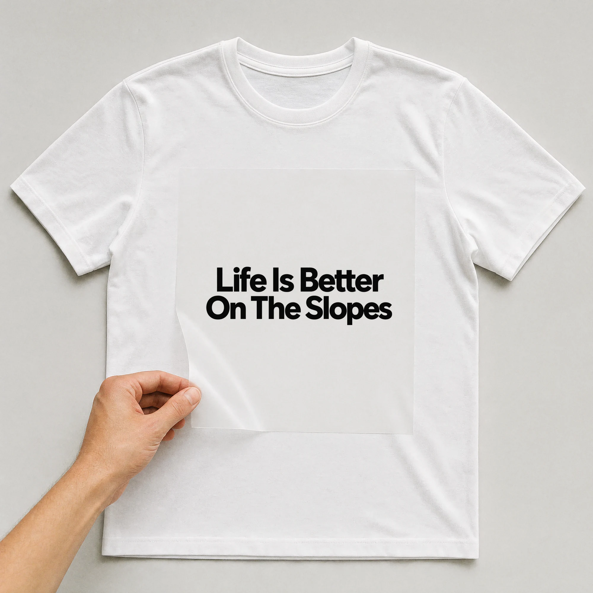 Bügelbild „Life Is Better On The Slopes“ auf weißem T-Shirt, Folie wird aufgelegt