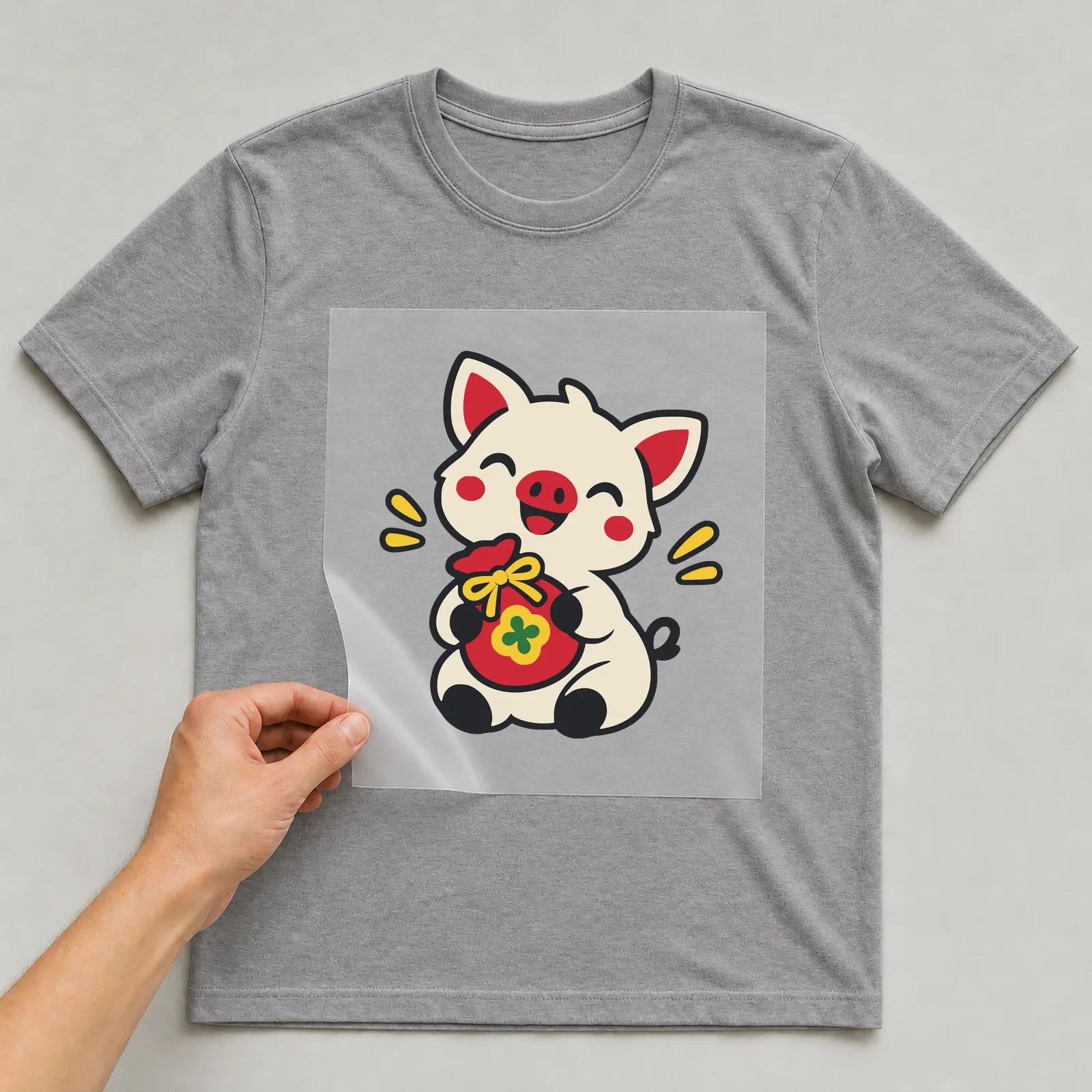 Bügelbild Glücksschwein im Comic-Stil auf grauem T-Shirt, Folie wird aufgelegt