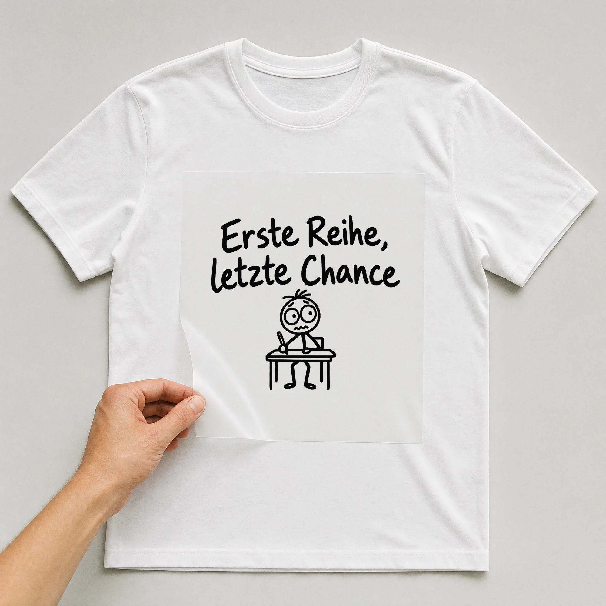 Bügelbild „Erste Reihe, letzte Chance“ auf weißem T-Shirt, Folie wird aufgelegt