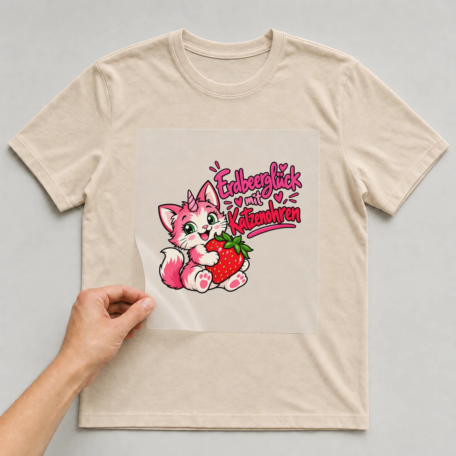 Bügelbild „Erdbeerglück mit Katzenohren“ auf beigem T-Shirt, Folie wird aufgelegt