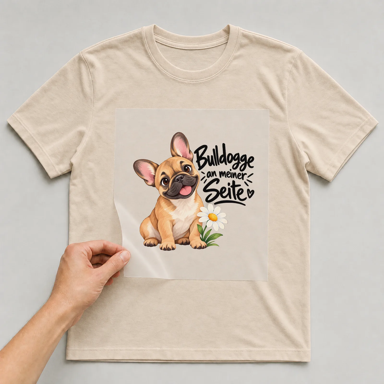 Bügelbild „Bulldogge an meiner Seite“ auf beigem T-Shirt, Folie wird aufgelegt