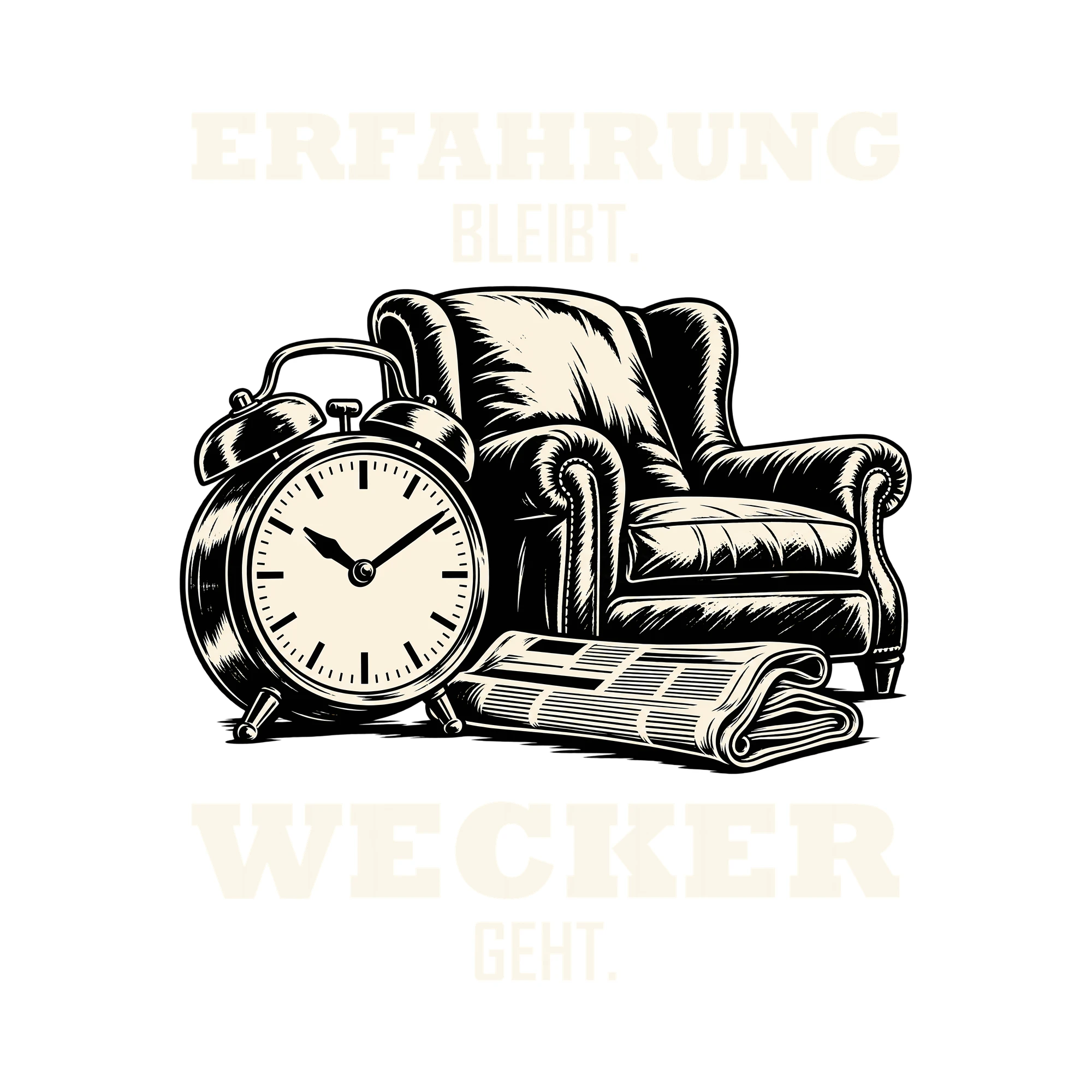 Bügelbild ERFAHRUNG BLEIBT. WECKER GEHT. als Grafik auf weißem Hintergrund (BB011521)