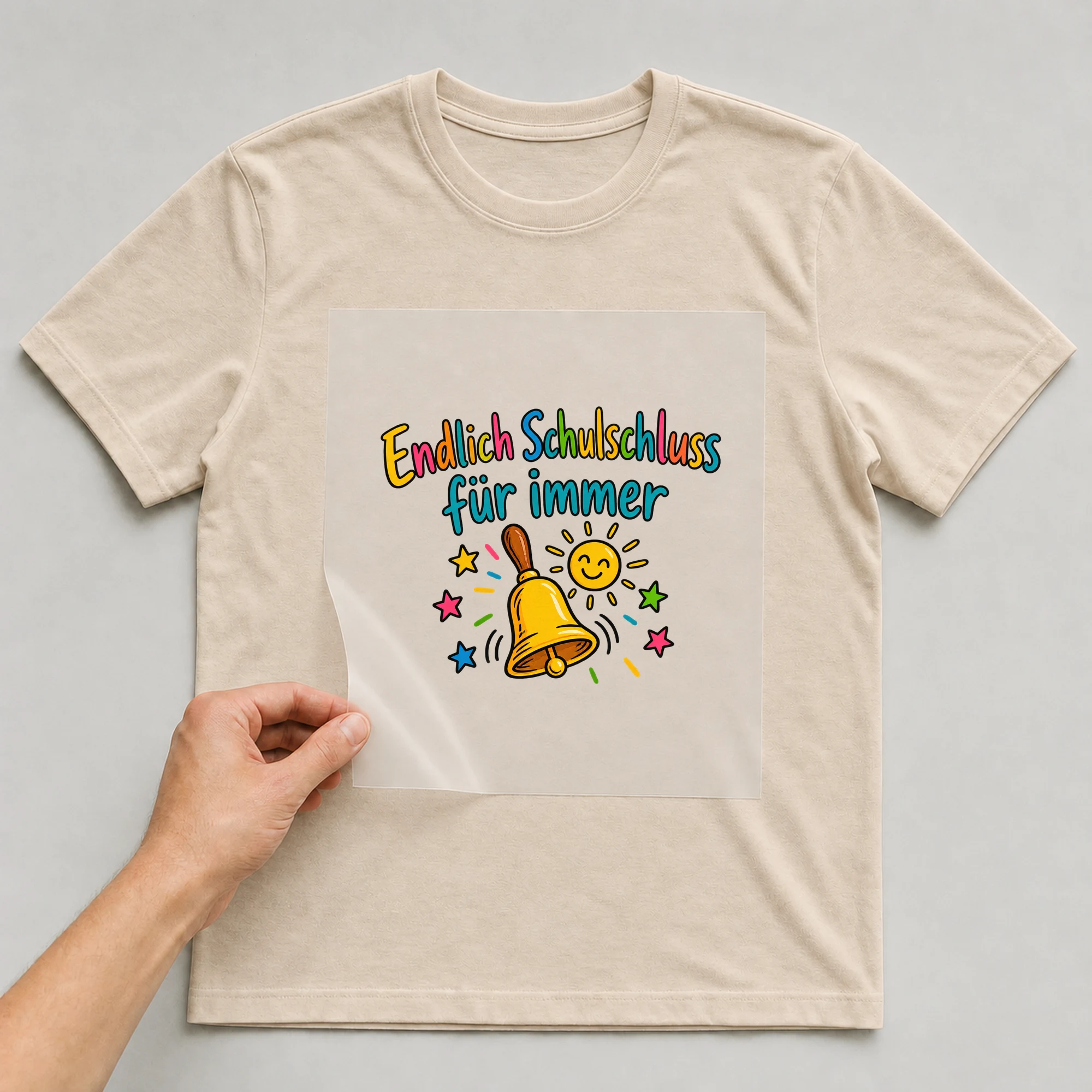 Bügelbild „Endlich Schulschluss für immer“ auf beigem T-Shirt, Folie wird aufgelegt