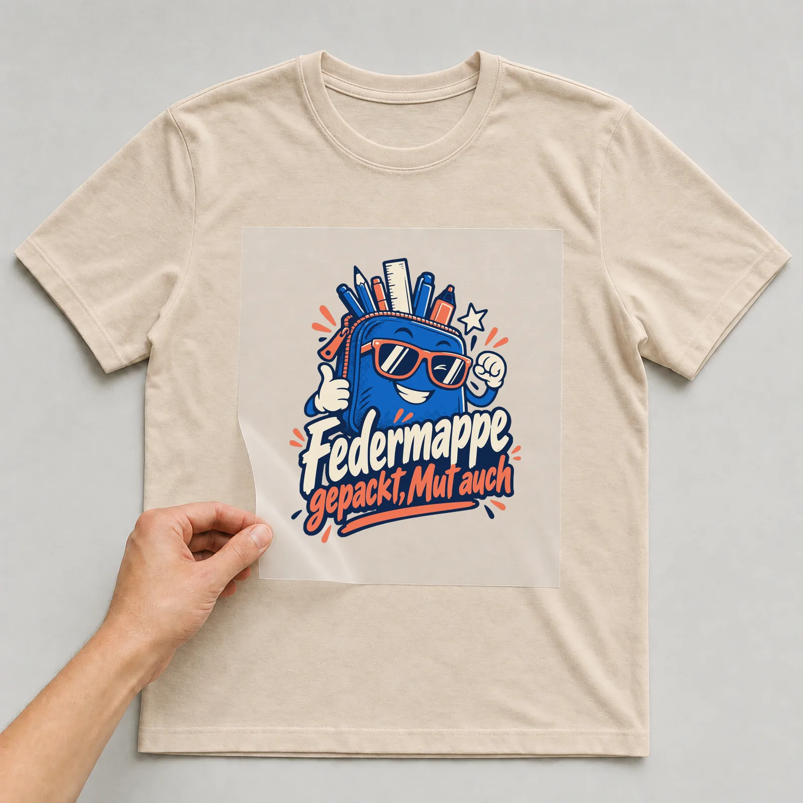 Bügelbild Federmappe gepackt, Mut auch auf beigem T-Shirt, Folie wird aufgelegt