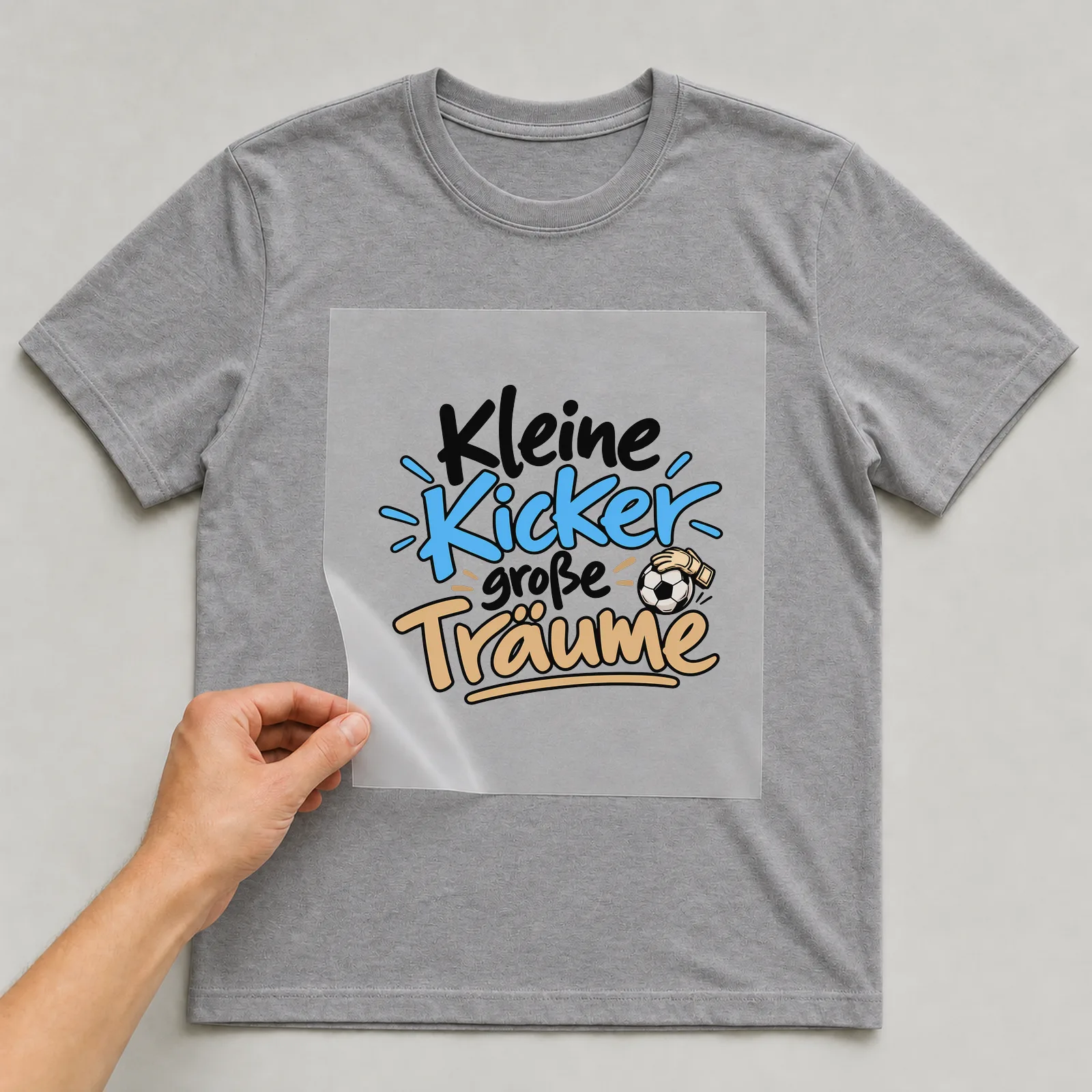 Bügelbild „Kleine Kicker große Träume“ auf grauem T-Shirt, Folie wird aufgelegt
