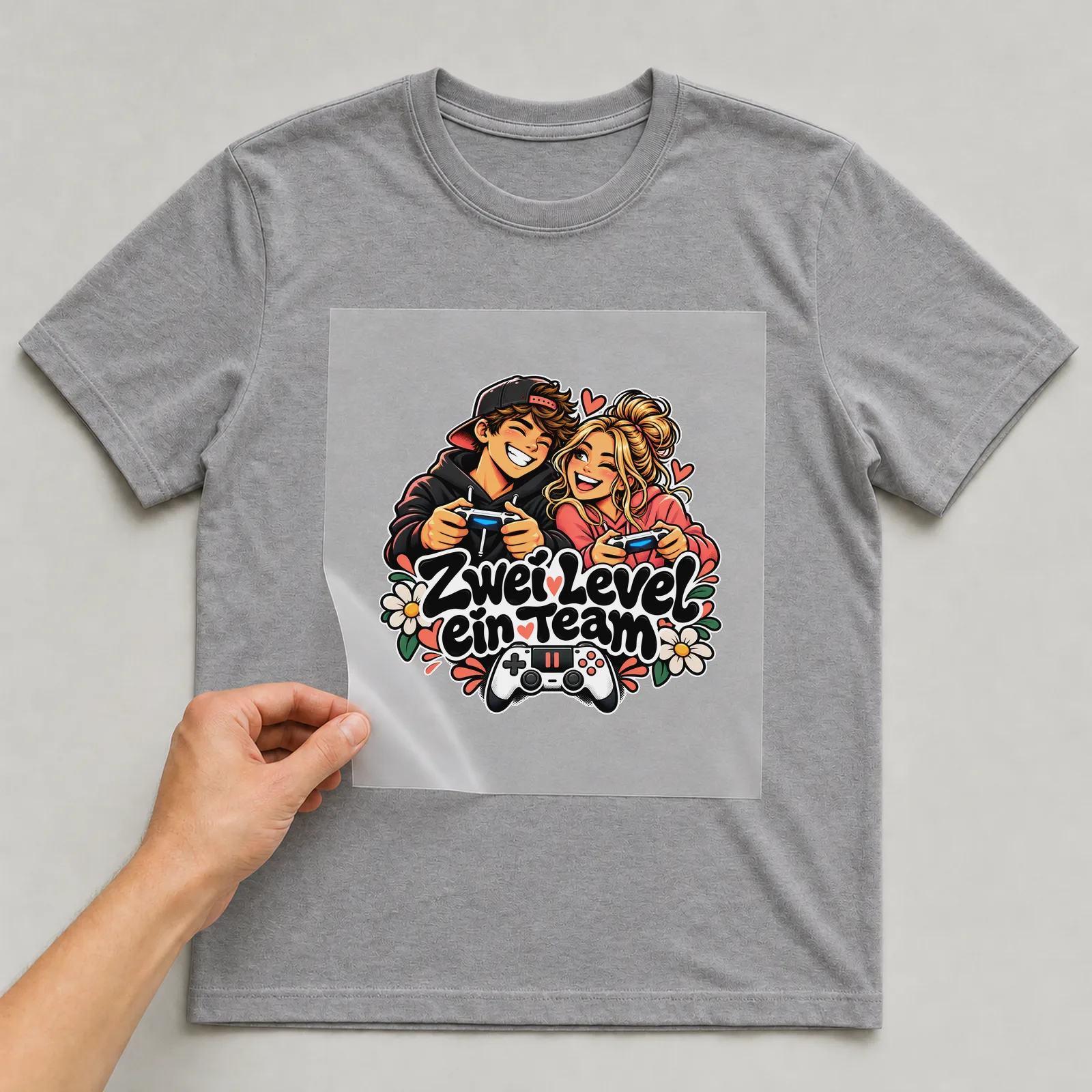Bügelbild „Zwei Level ein Team“ auf grauem T-Shirt, Folie wird aufgelegt