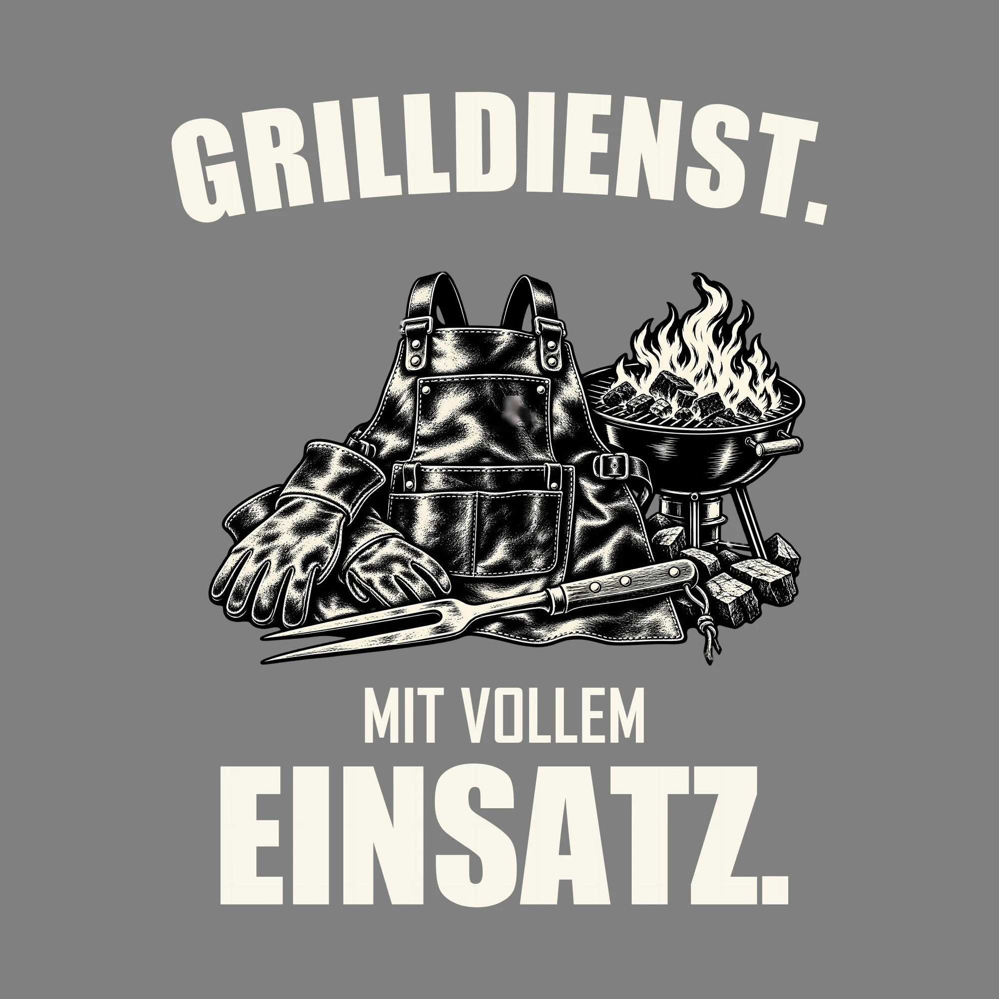 Bügelbild GRILLDIENST. MIT VOLLEM EINSATZ. als Grafik auf dunklem Hintergrund (BB012044)