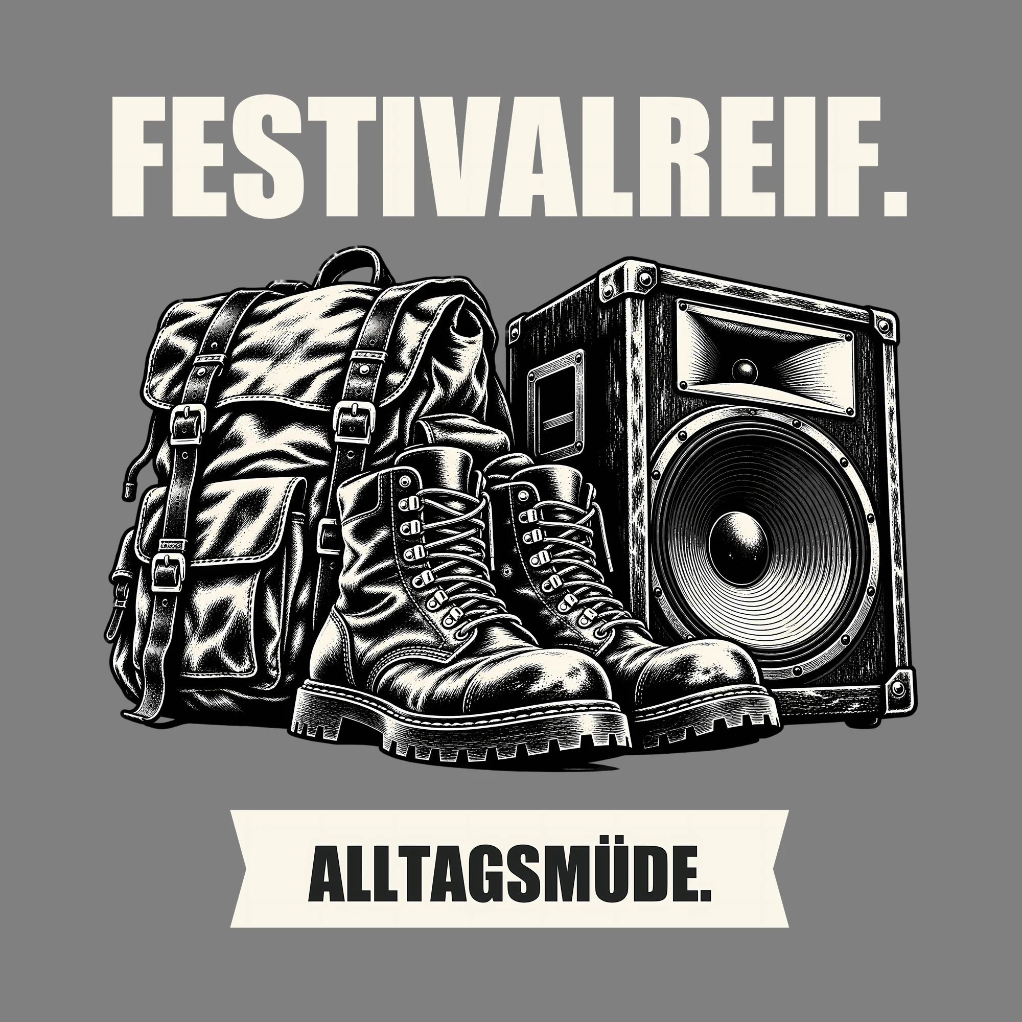 Bügelbild FESTIVALREIF. ALLTAGSMÜDE. als Grafik auf dunklem Hintergrund (BB012716)