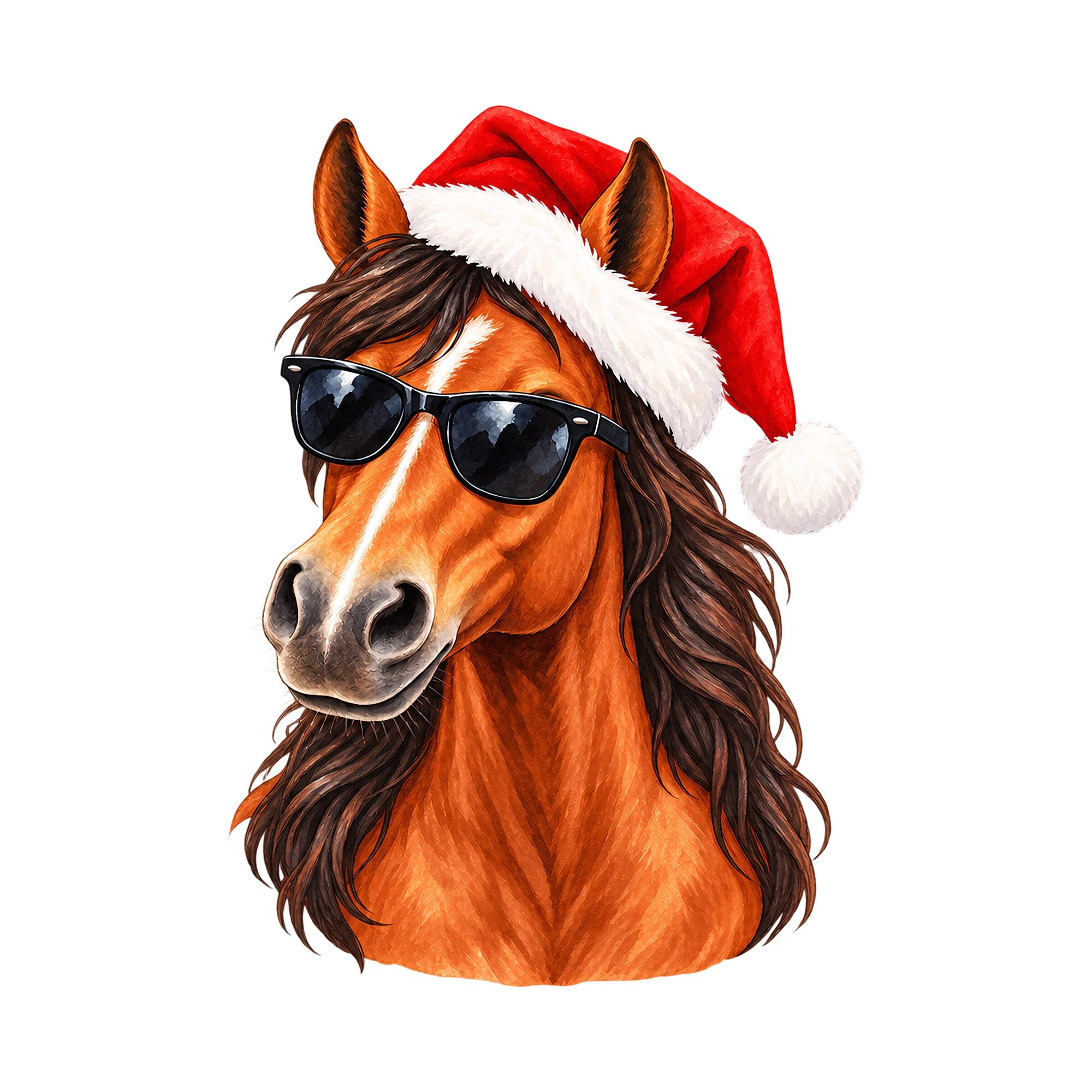 Bügelbild Cooles Weihnachtsmann-Pferd, Weihnachten Shirt Motiv als Grafik auf weißem Hintergrund (BB014787)