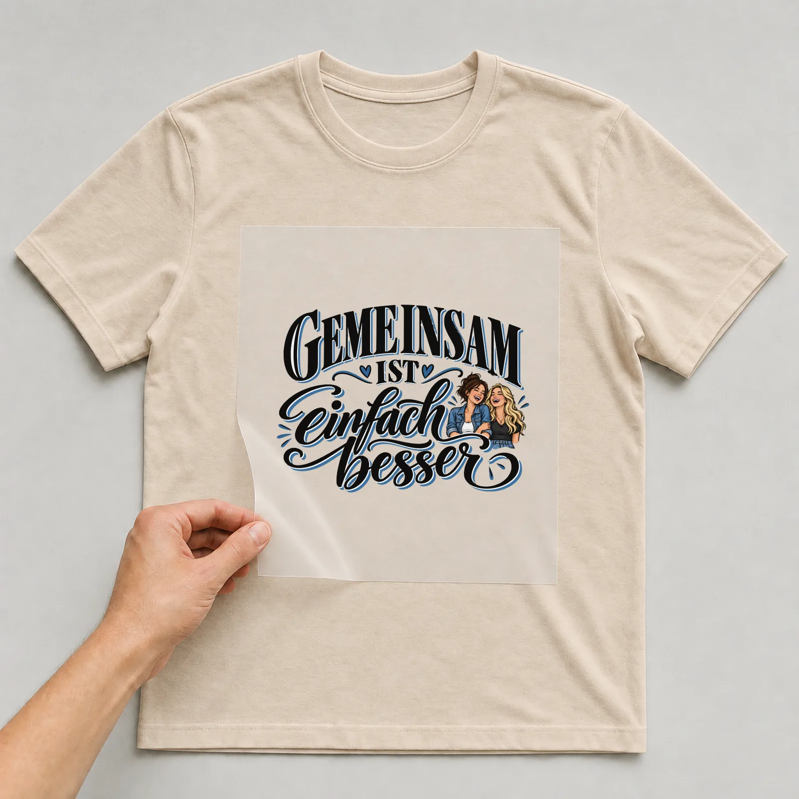 Bügelbild „Gemeinsam ist einfach besser“ auf beigem T-Shirt, Folie wird aufgelegt