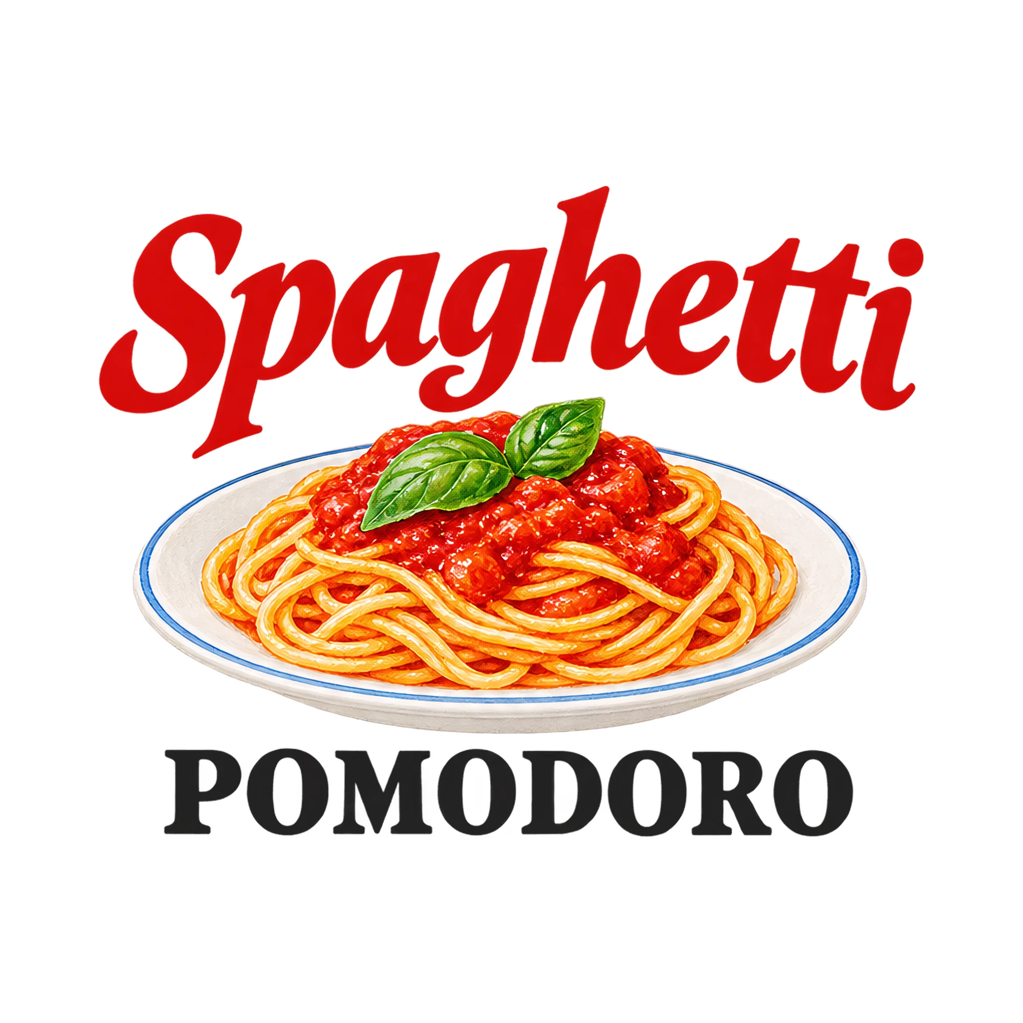 Bügelbild Spaghetti POMODORO, Lustiger Shirt Spruch als Grafik auf weißem Hintergrund (BB017879)