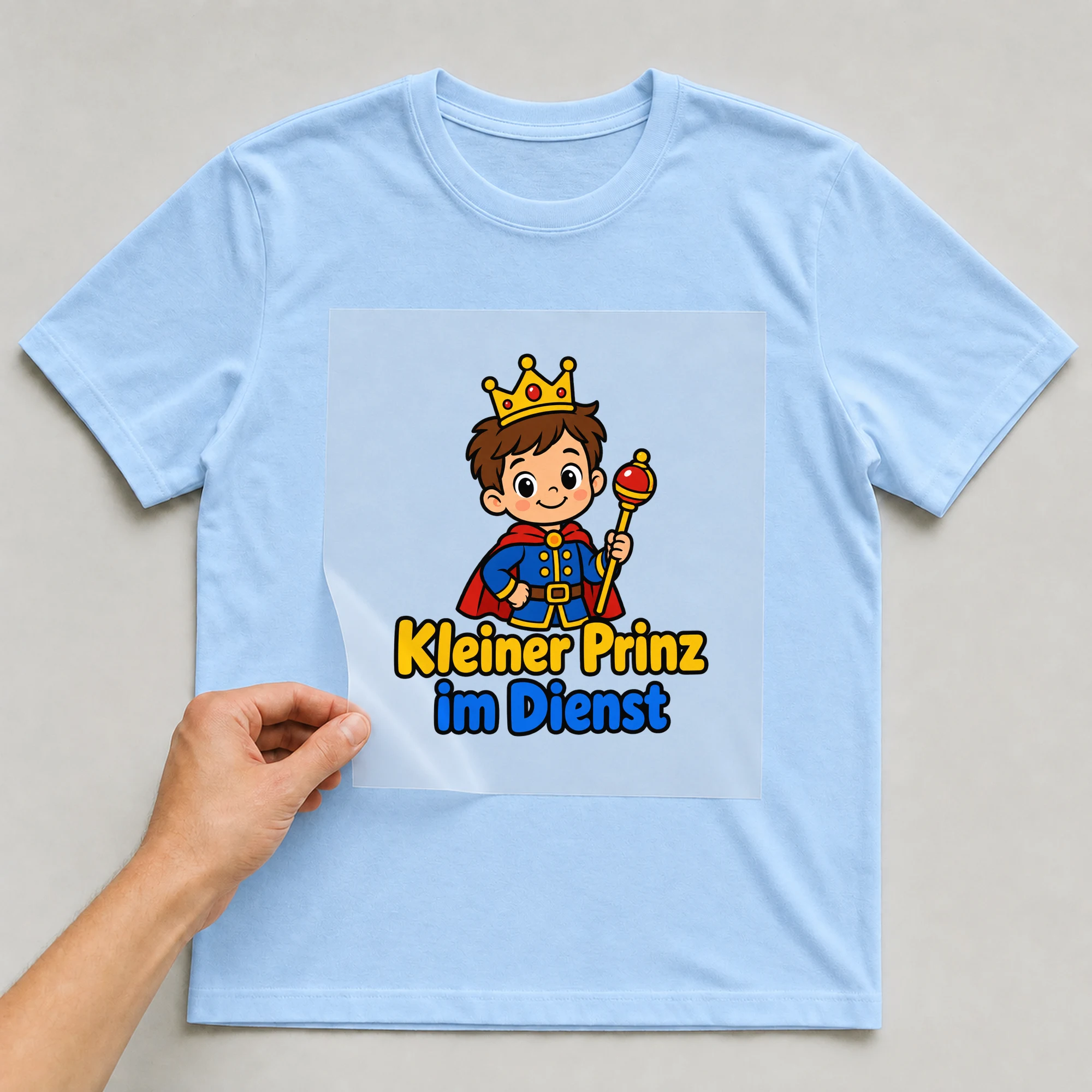 Bügelbild „Kleiner Prinz im Dienst“ auf babyblauem T-Shirt, Folie wird aufgelegt
