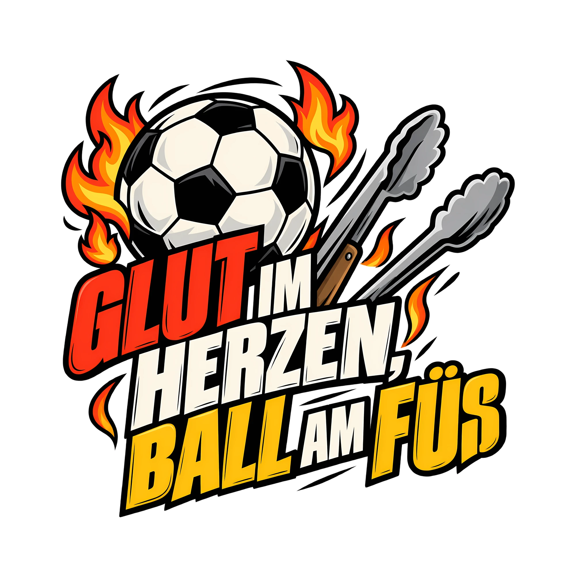 Bügelbild GLUT IM HERZEN, BALL AM FUSS als Grafik auf weißem Hintergrund (BB012173)