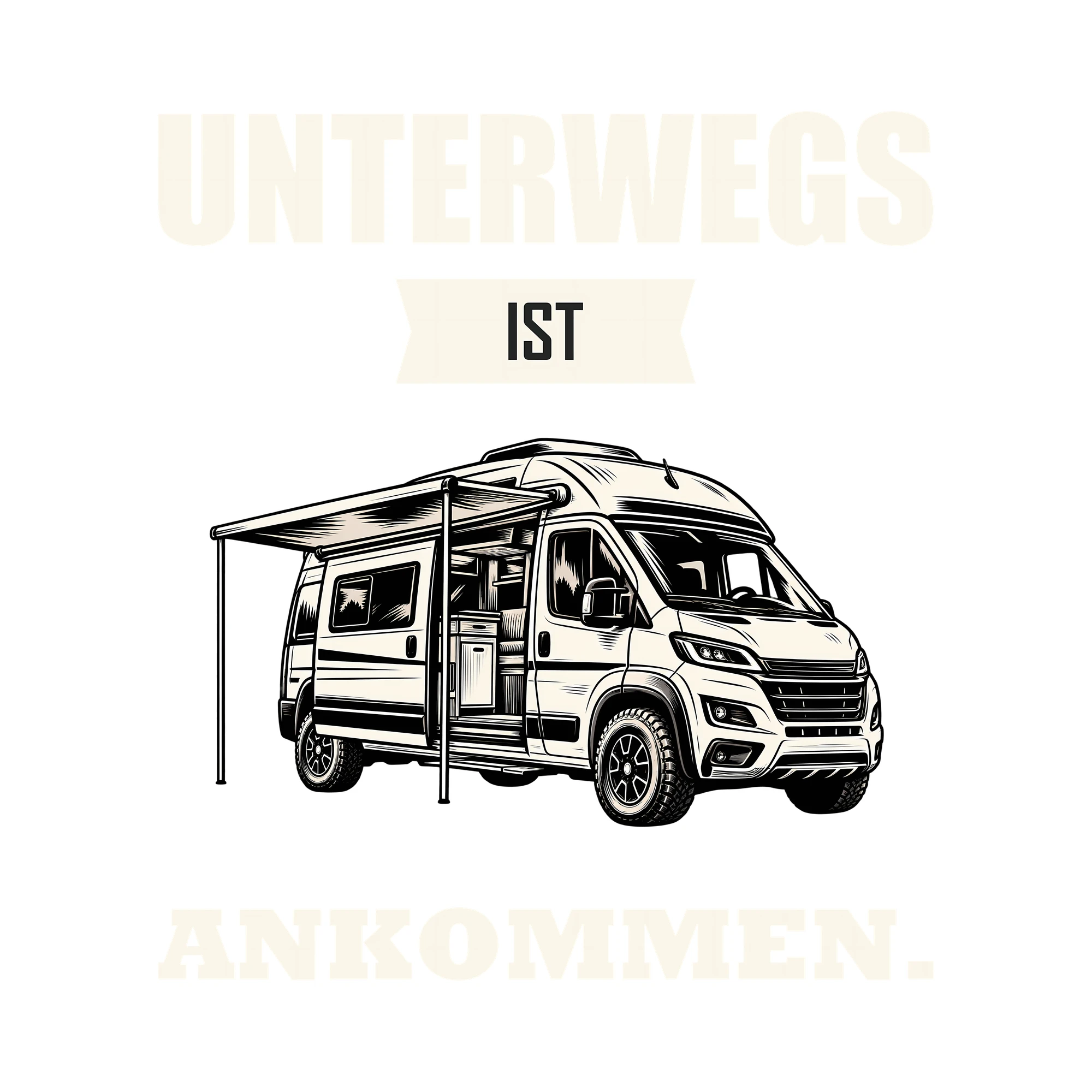Bügelbild UNTERWEGS IST ANKOMMEN. als Grafik auf weißem Hintergrund (BB012708)