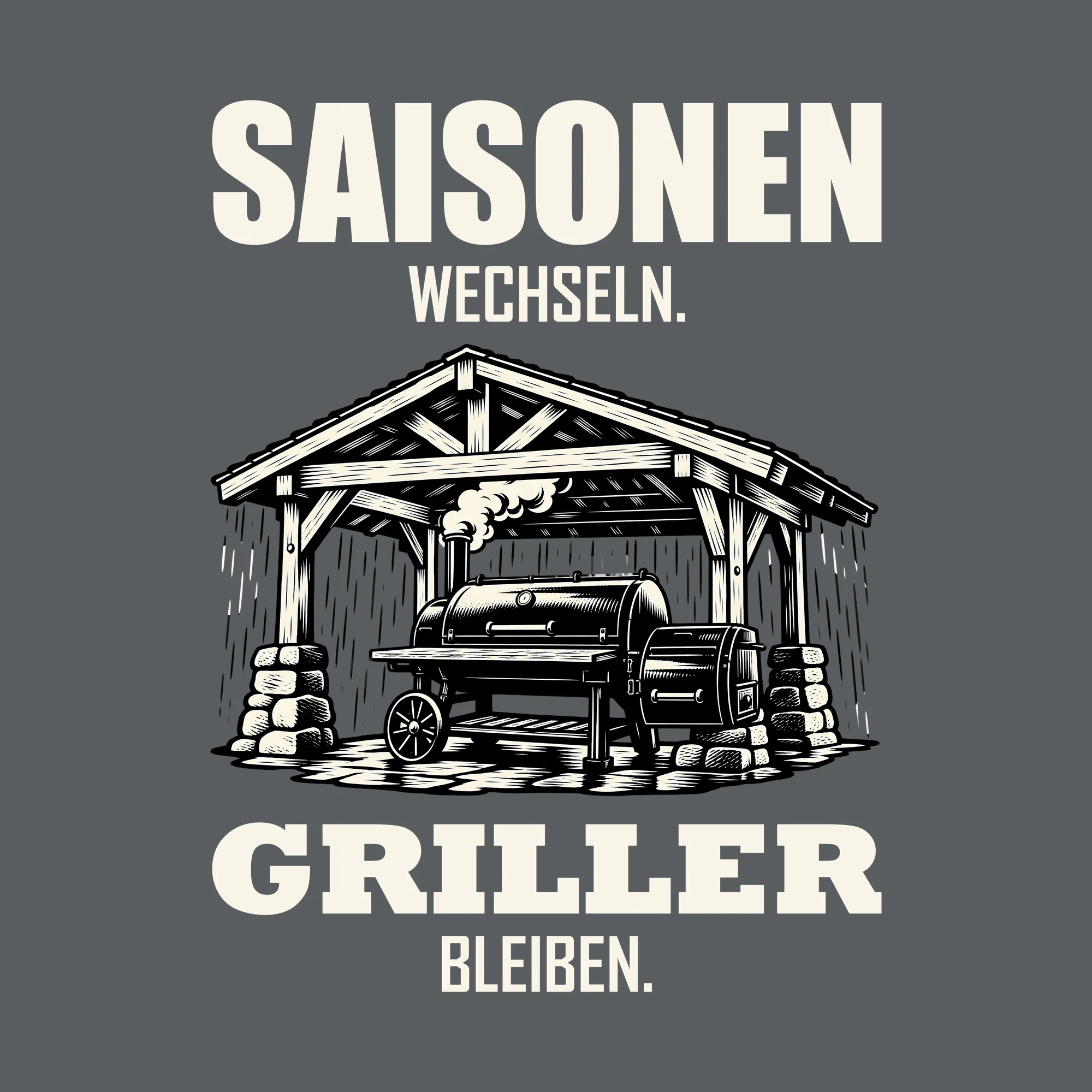 Bügelbild SAISONEN WECHSELN. GRILLER BLEIBEN. als Grafik auf dunklem Hintergrund (BB012055)