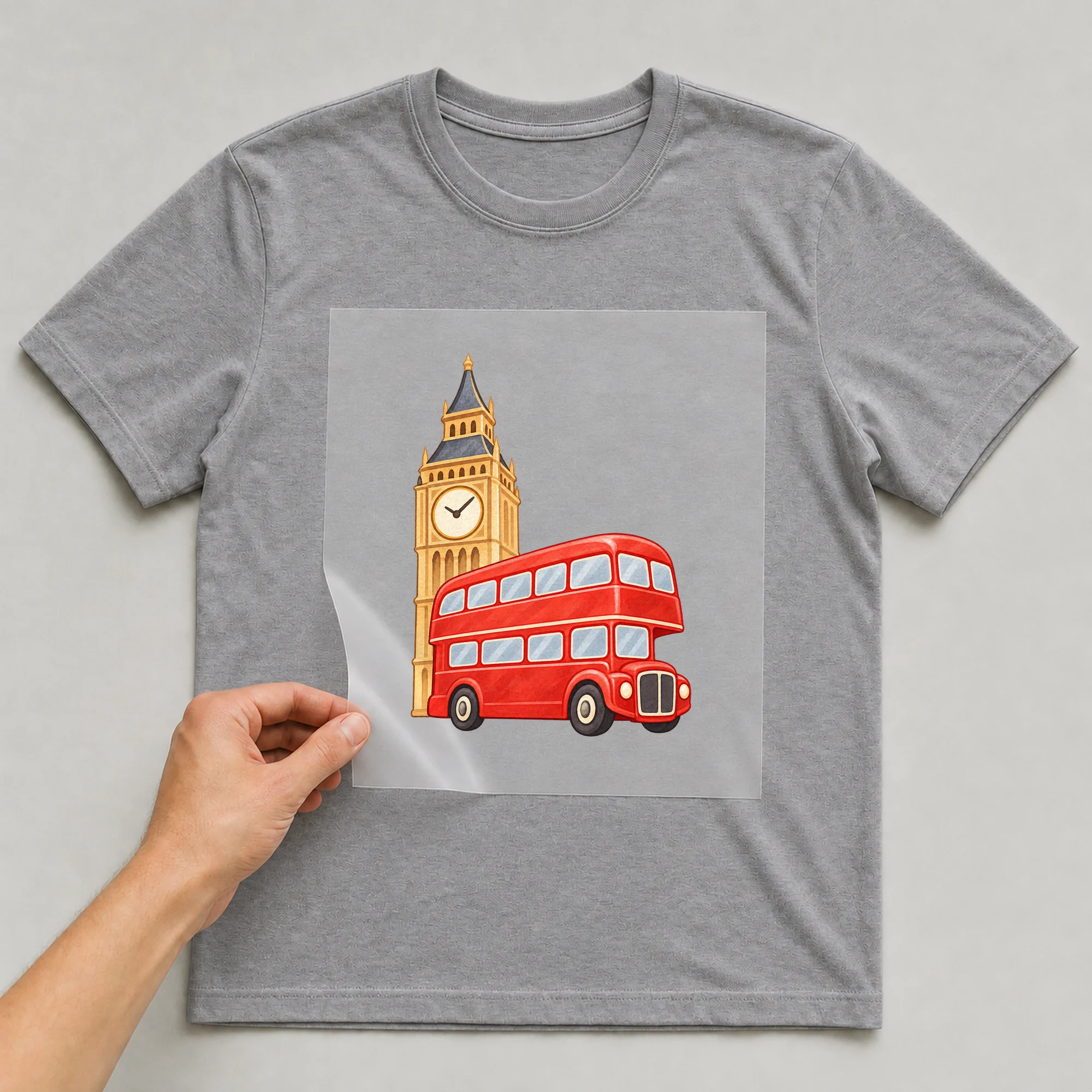 Bügelbild „London England Icon“ auf grauem T-Shirt, Folie wird aufgelegt