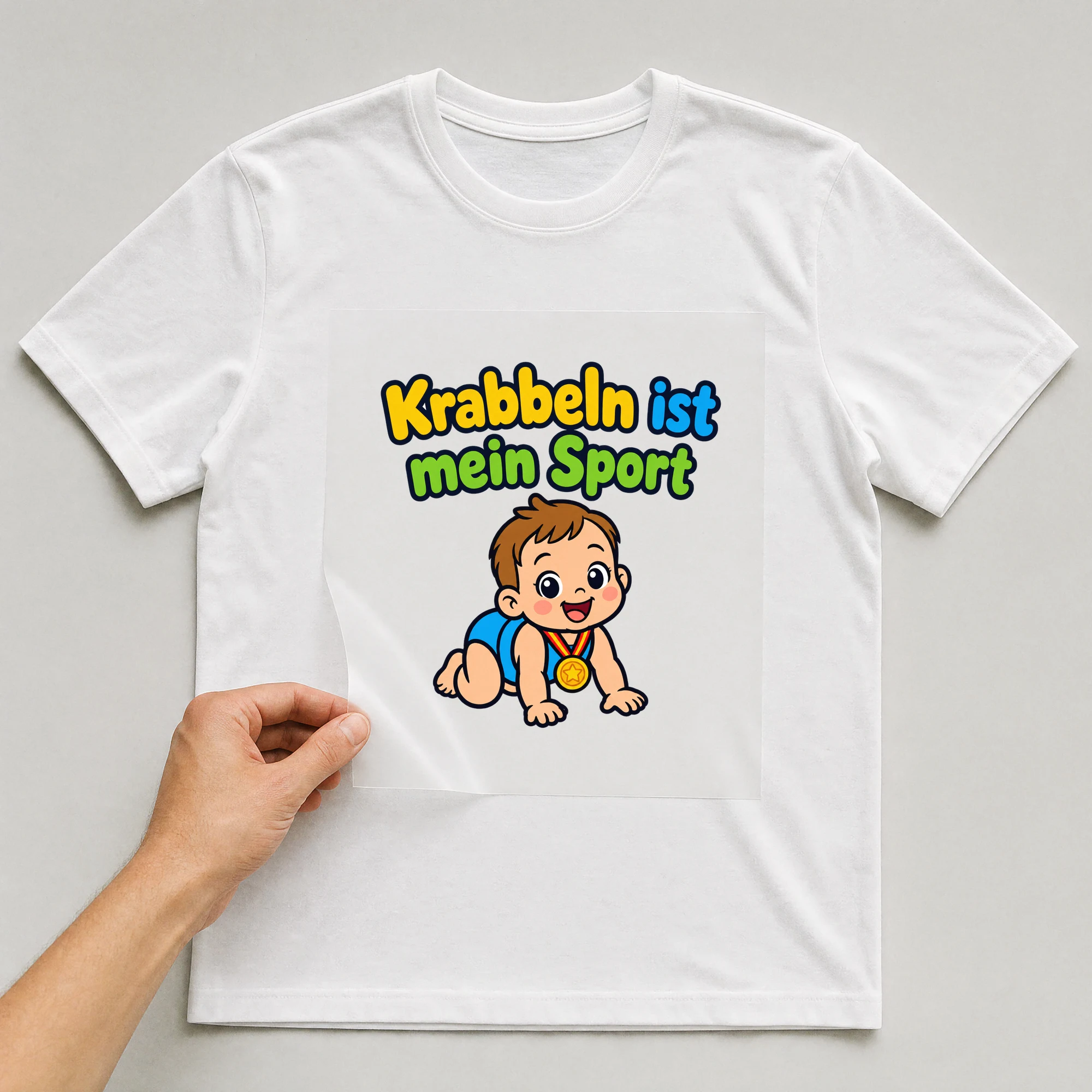 Bügelbild „Krabbeln ist mein Sport“ auf weißem T-Shirt, Folie wird aufgelegt
