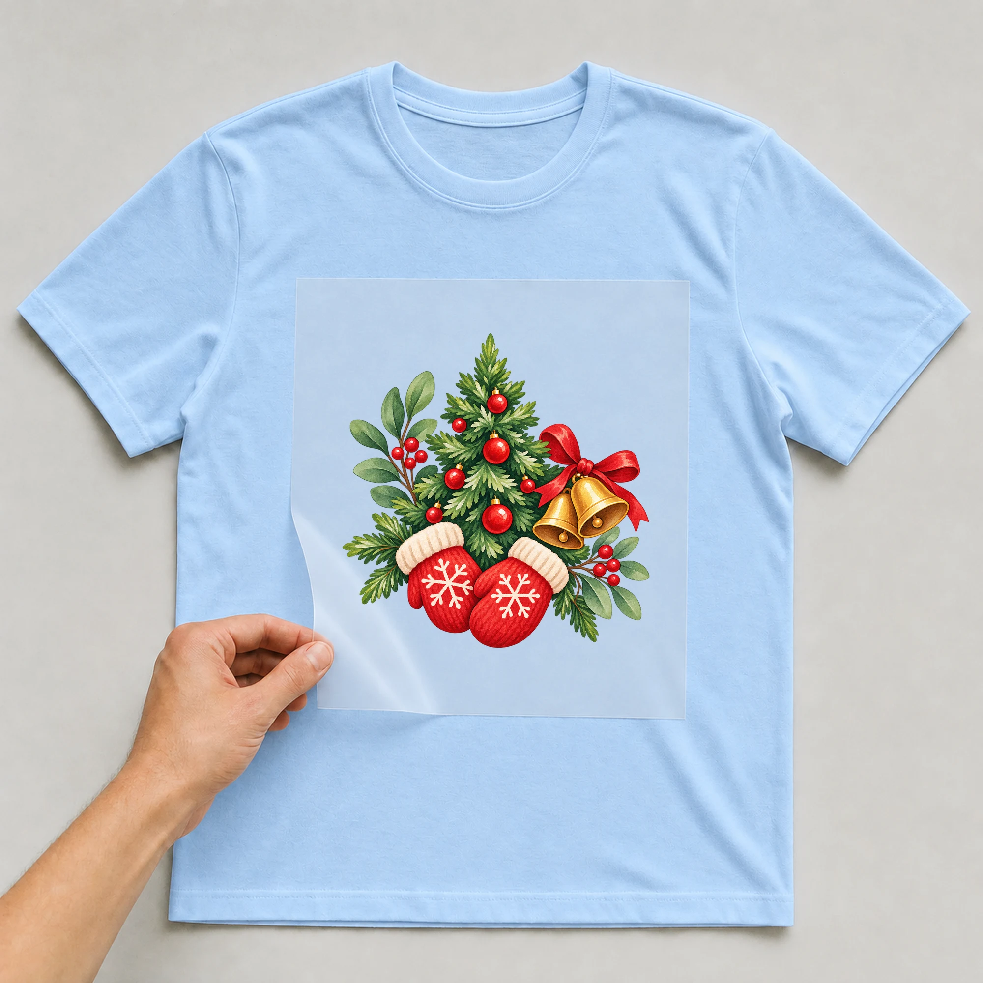 Bügelbild „Ugly Christmas Symbols“ auf babyblauem T-Shirt, Folie wird aufgelegt