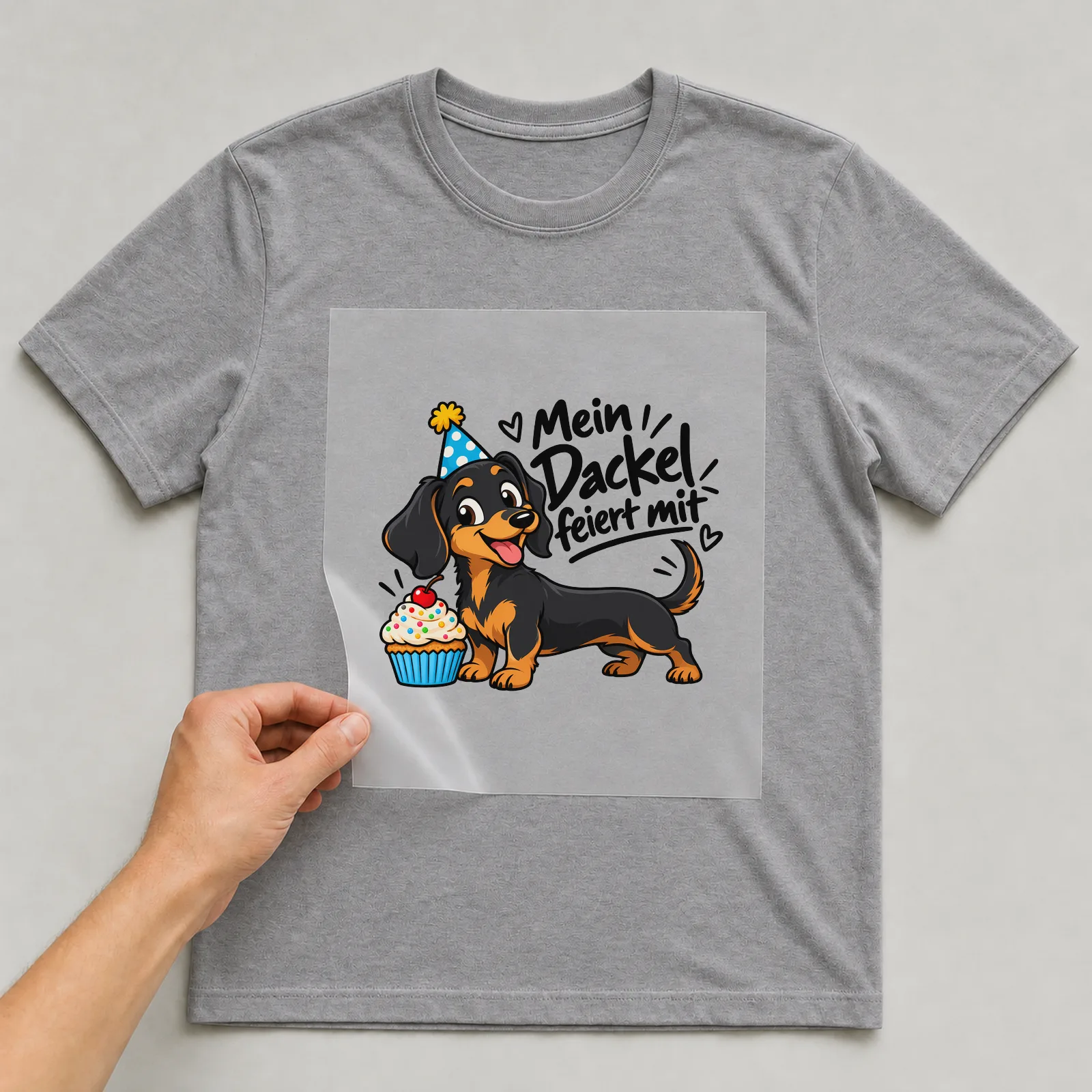 Bügelbild „Mein Dackel feiert mit“ auf grauem T-Shirt, Folie wird aufgelegt
