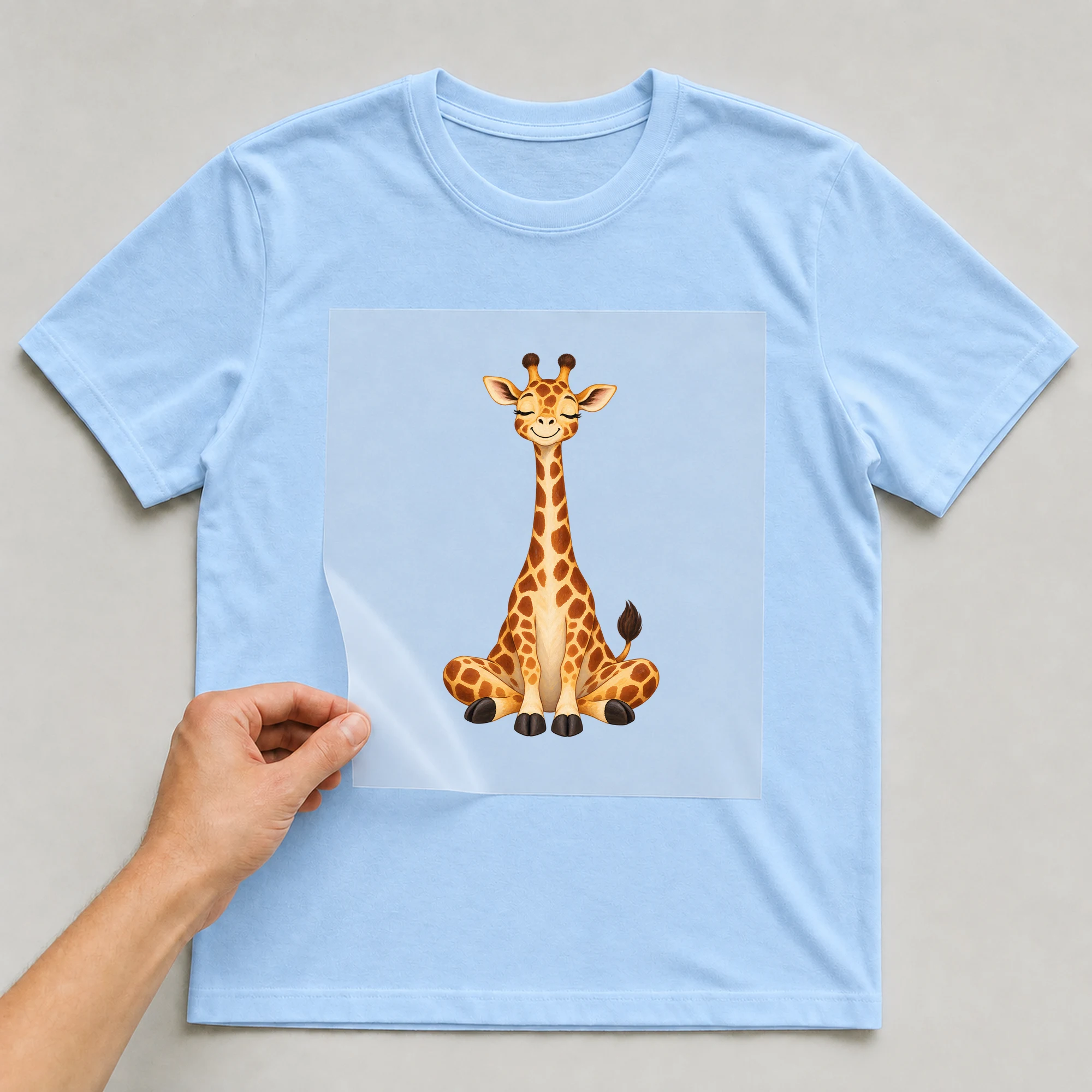 Bügelbild „Giraffe Yoga“ auf babyblauem T-Shirt, Folie wird aufgelegt