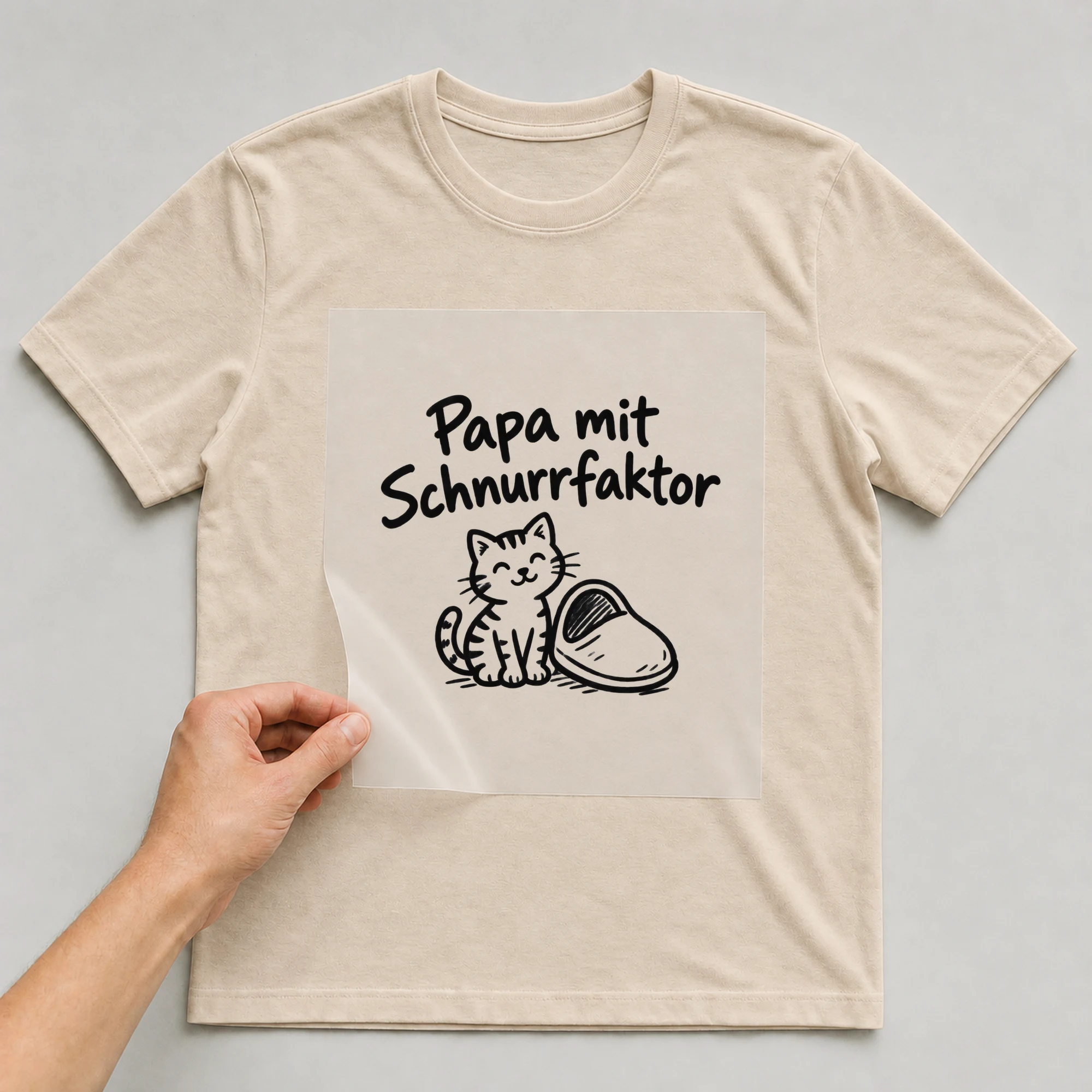 Bügelbild „Papa mit Schnurrfaktor“ auf beigem T-Shirt, Folie wird aufgelegt