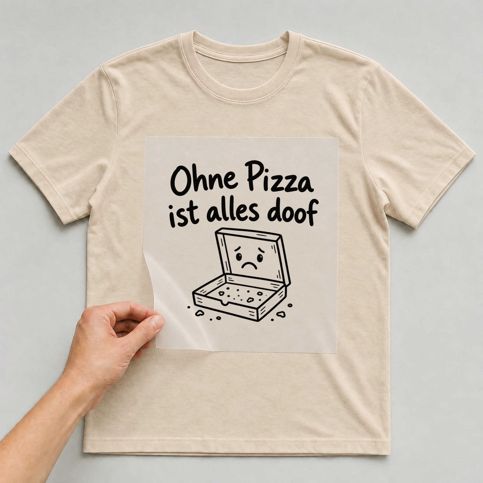 Bügelbild „Ohne Pizza ist alles doof“ auf beigem T-Shirt, Folie wird aufgelegt