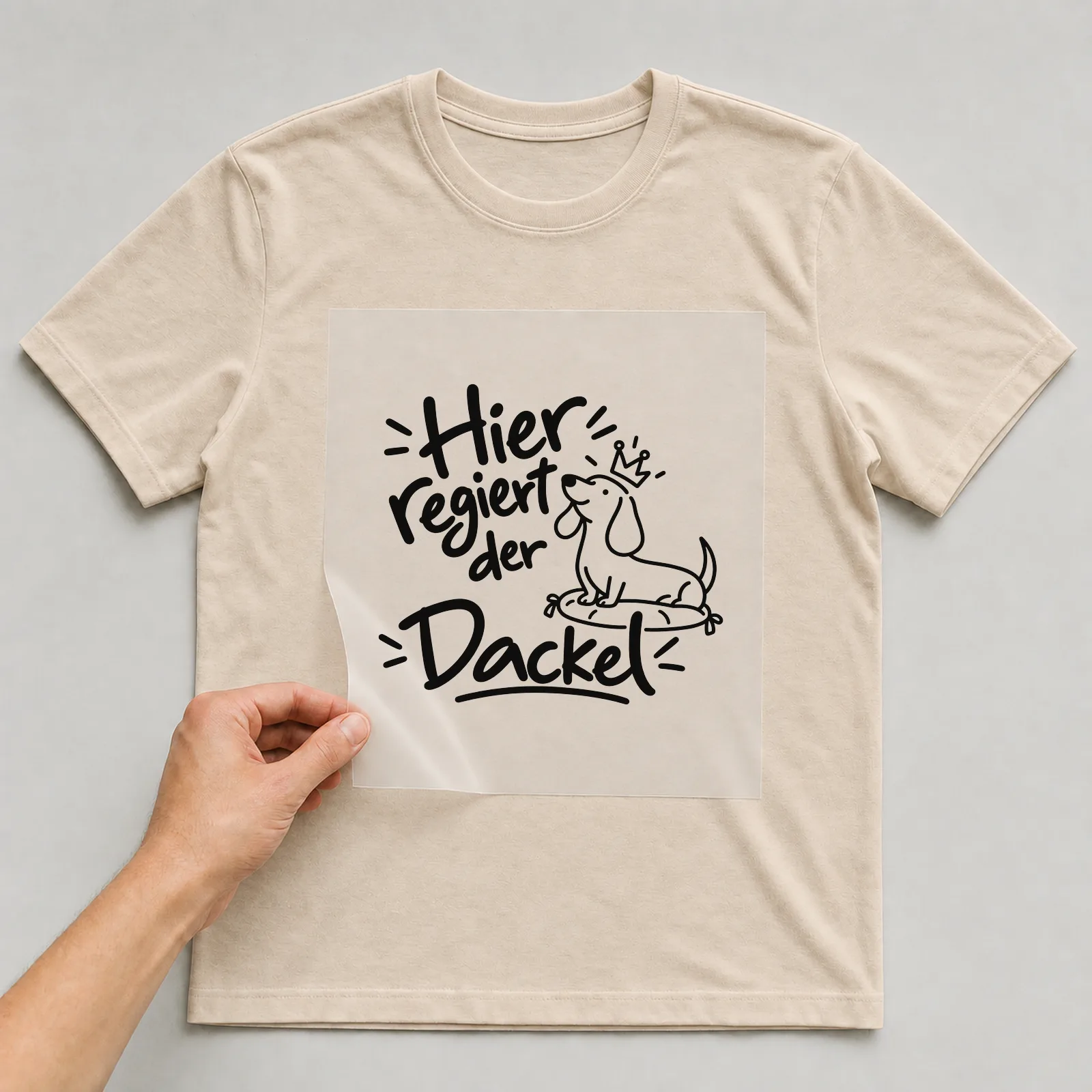 Bügelbild „Hier regiert der Dackel“ auf beigem T-Shirt, Folie wird aufgelegt