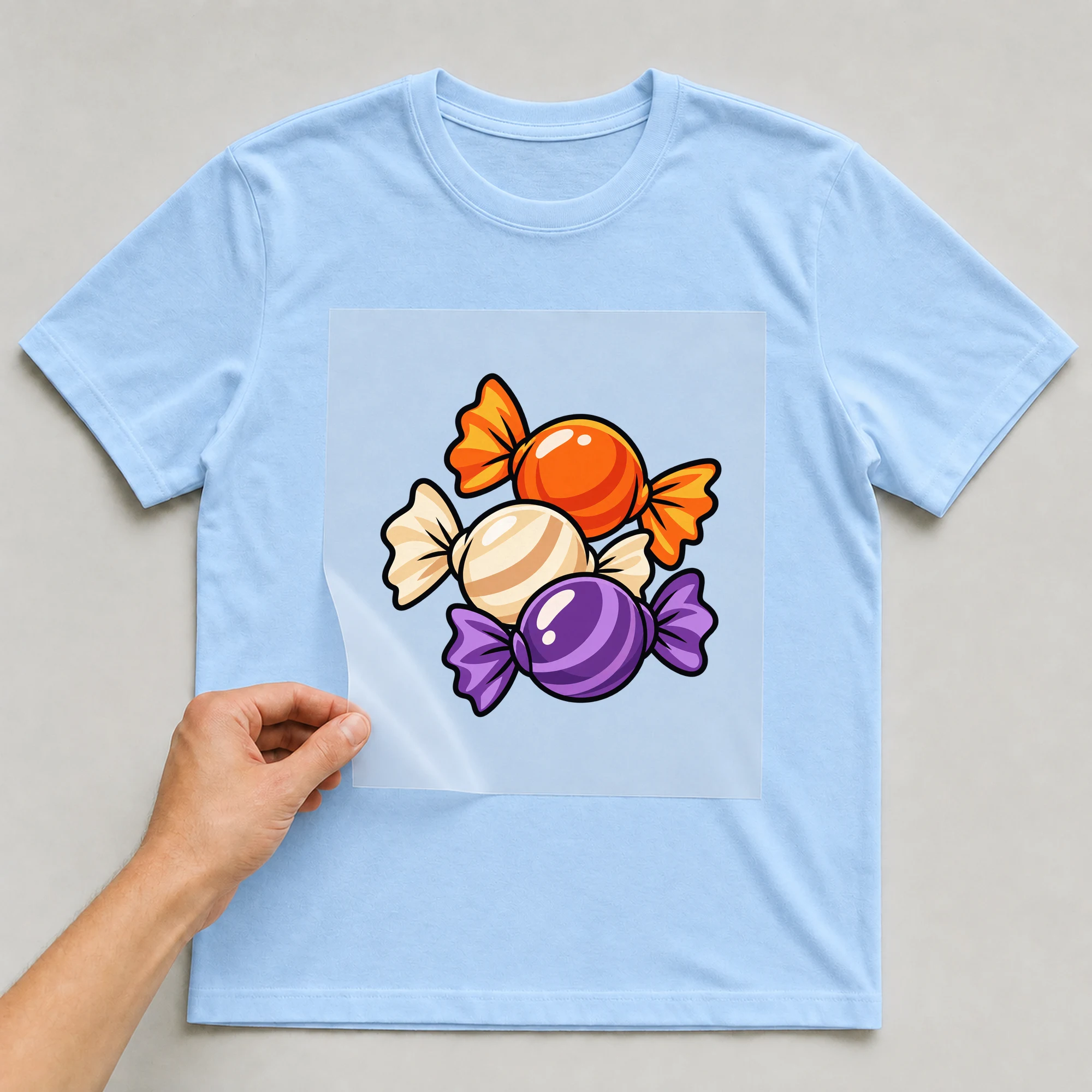 Bügelbild „Trick Or Treat Bonbons“ auf babyblauem T-Shirt, Folie wird aufgelegt